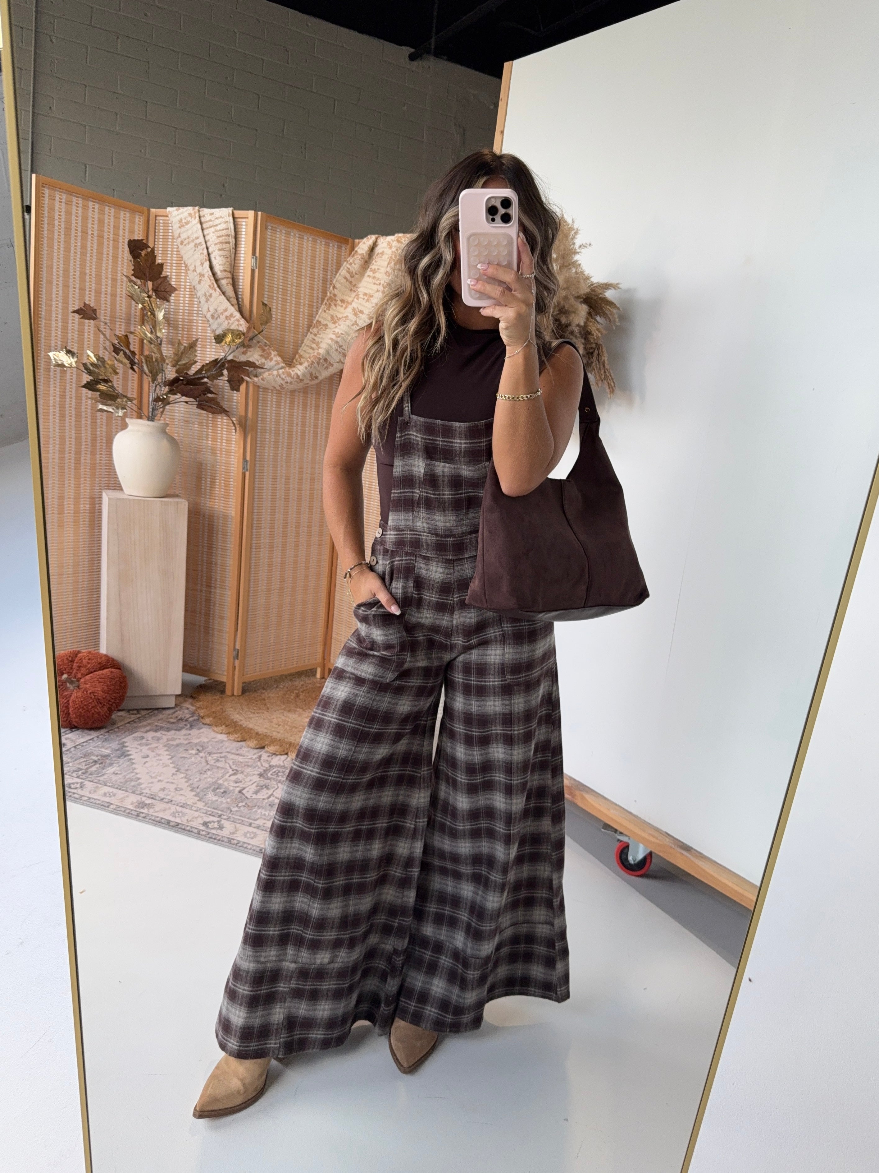 Pumpkin Pickin' Plaid Overalls Chocolate