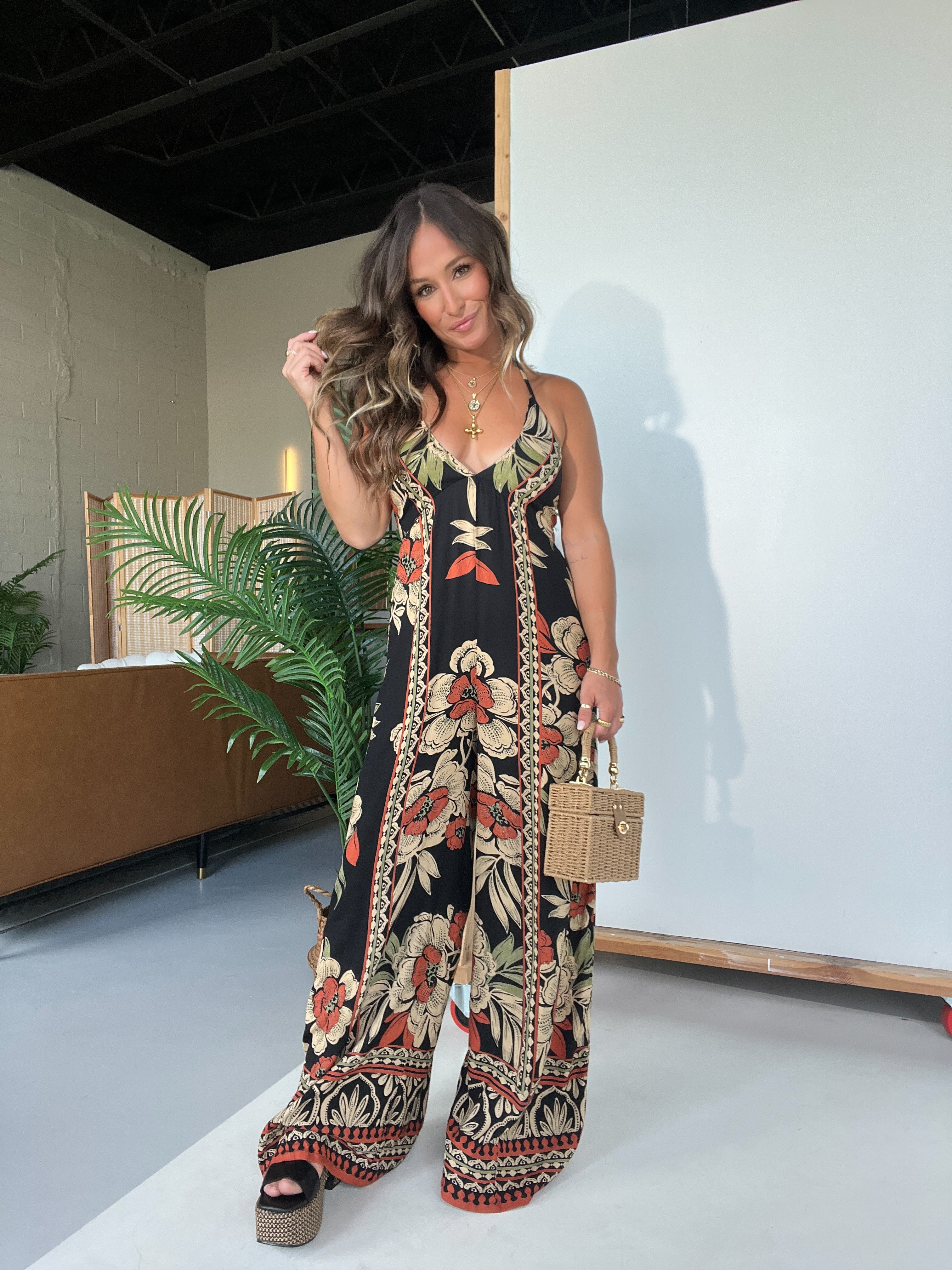 Milos Floral Boho Halter Jumpsuit Black