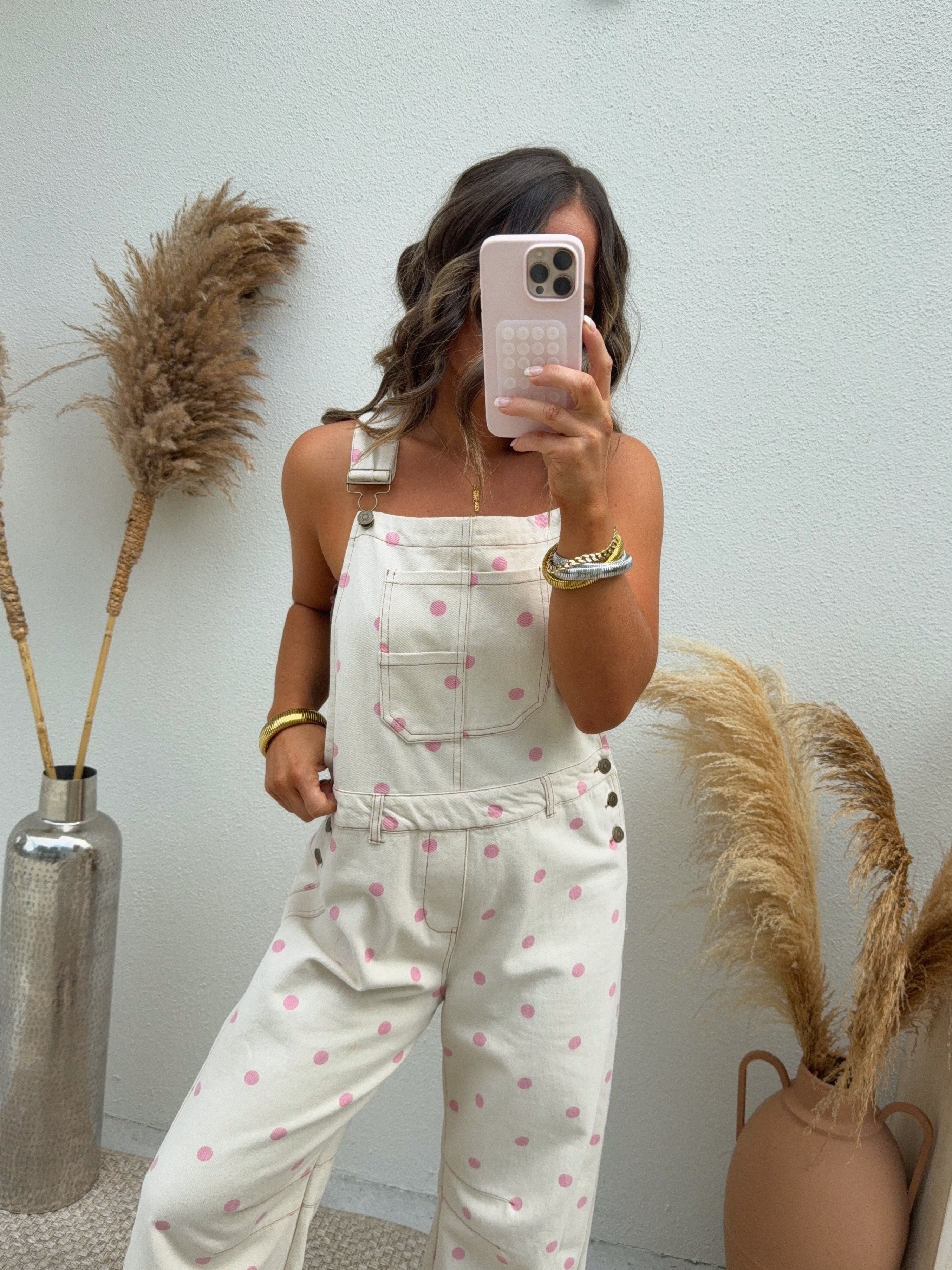 Peekaboo Polka Dot Barrel Overalls Cream