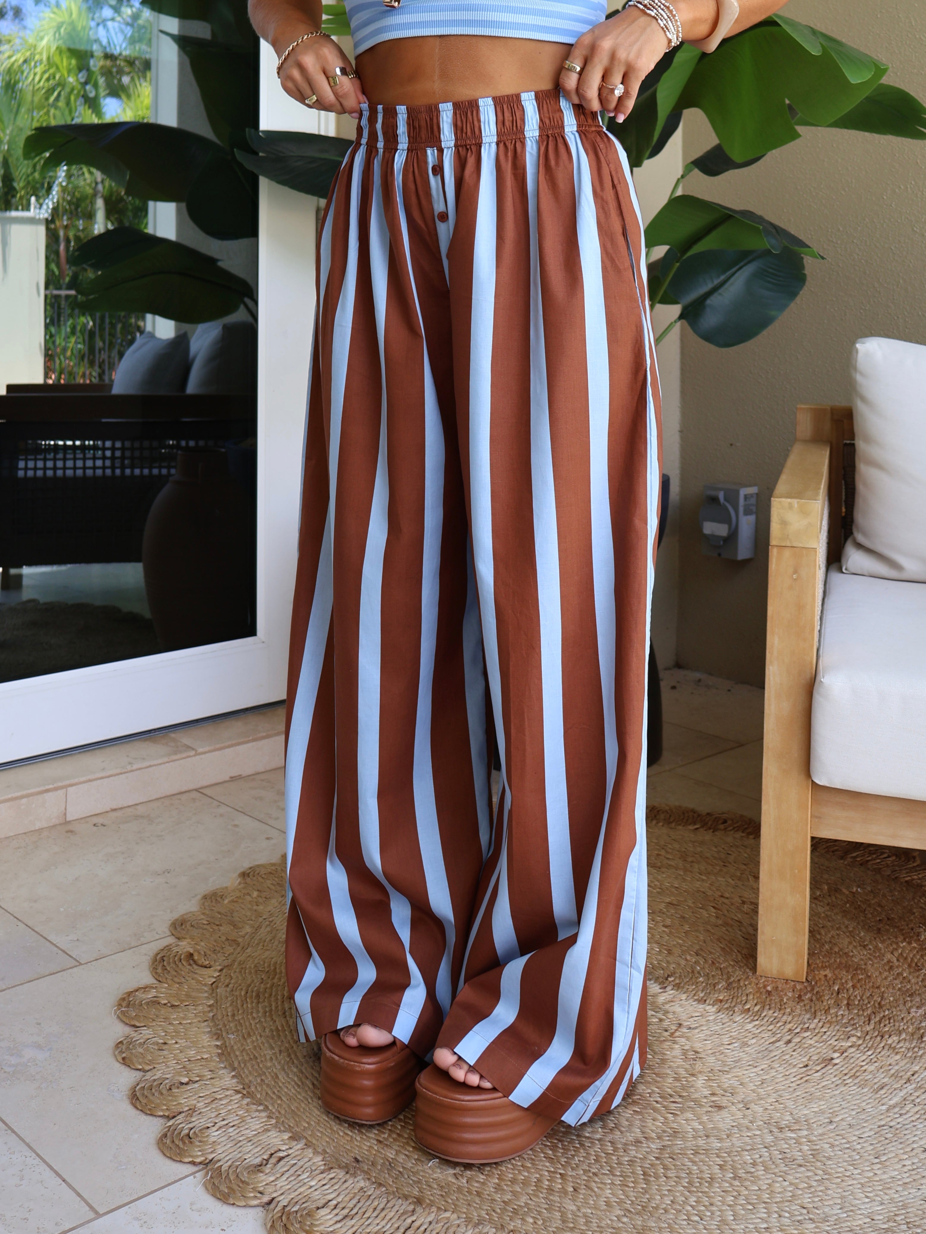 Unwind Striped Wide Leg Pants Blue/Brown