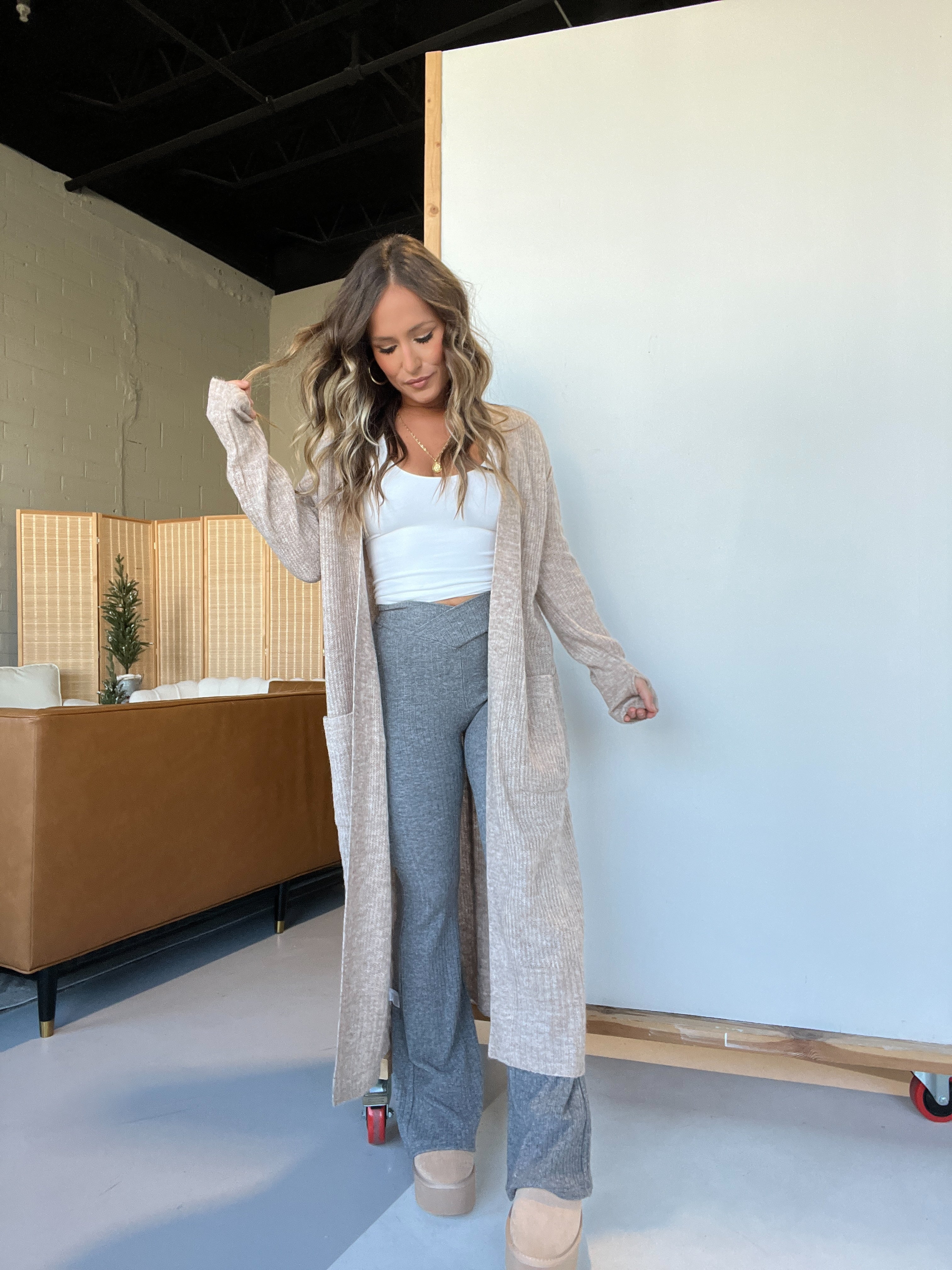 Beckett Crossover Sweater Knit Flares Grey