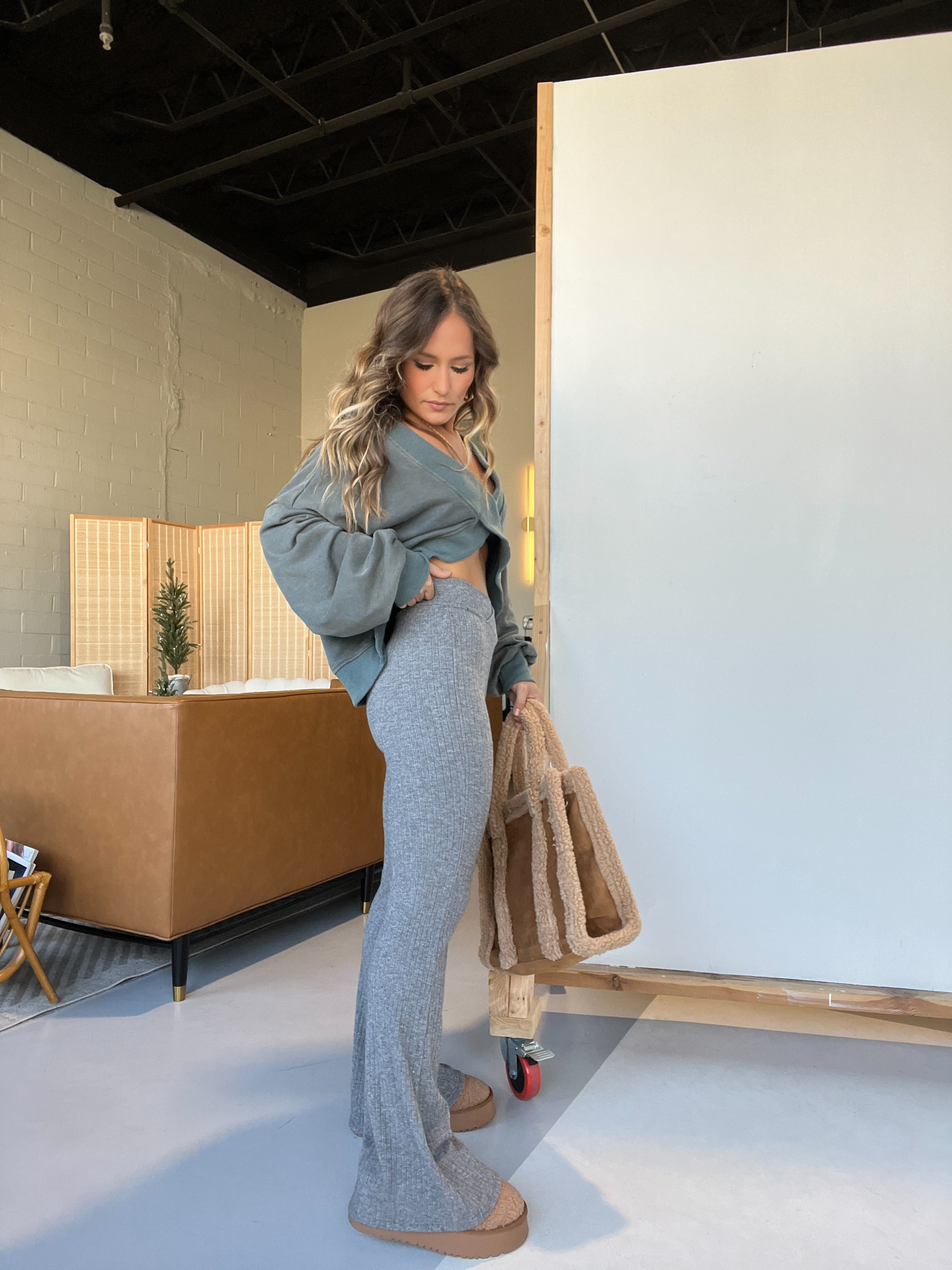 Beckett Crossover Sweater Knit Flares Grey