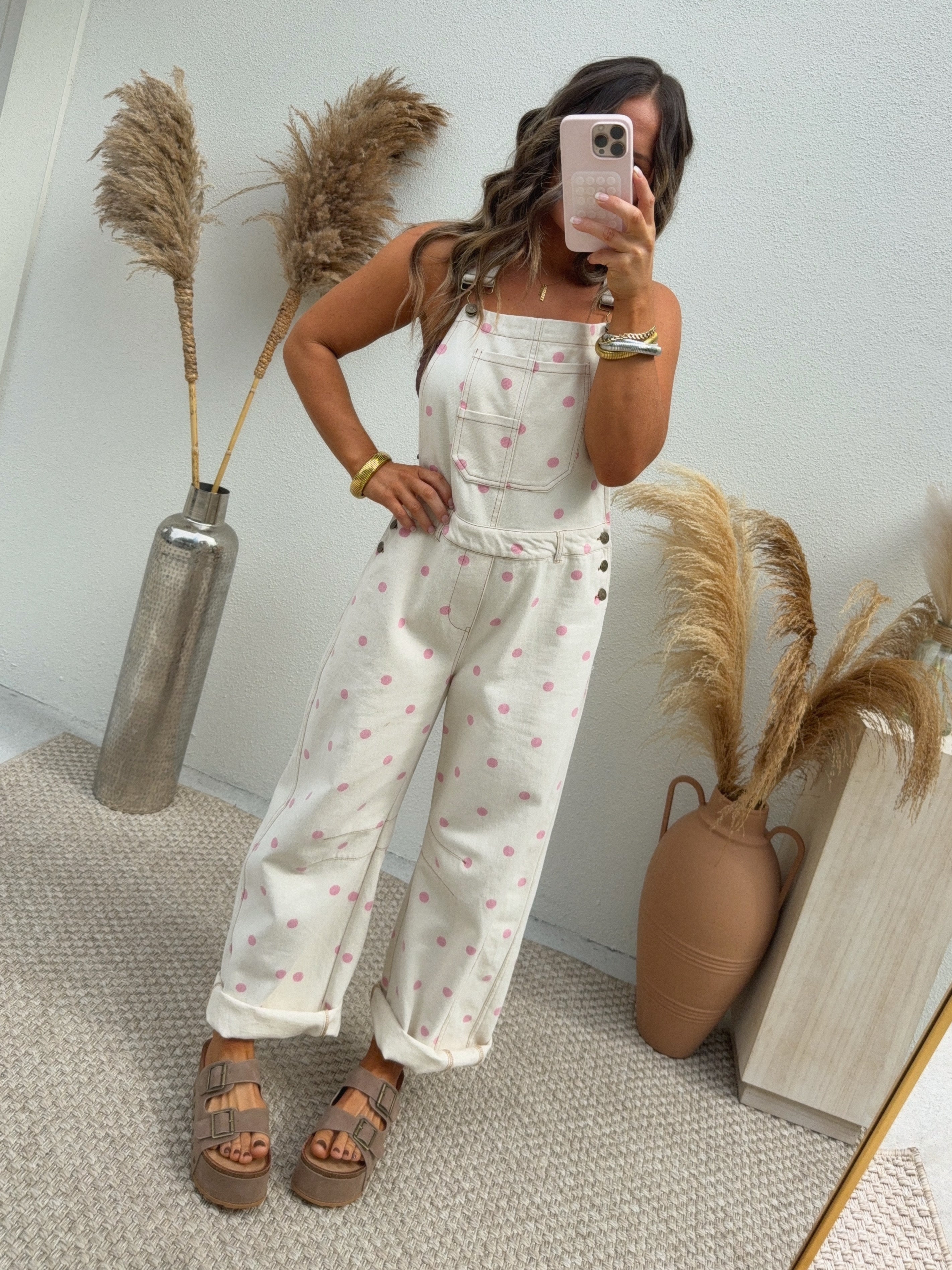 Peekaboo Polka Dot Barrel Overalls Cream