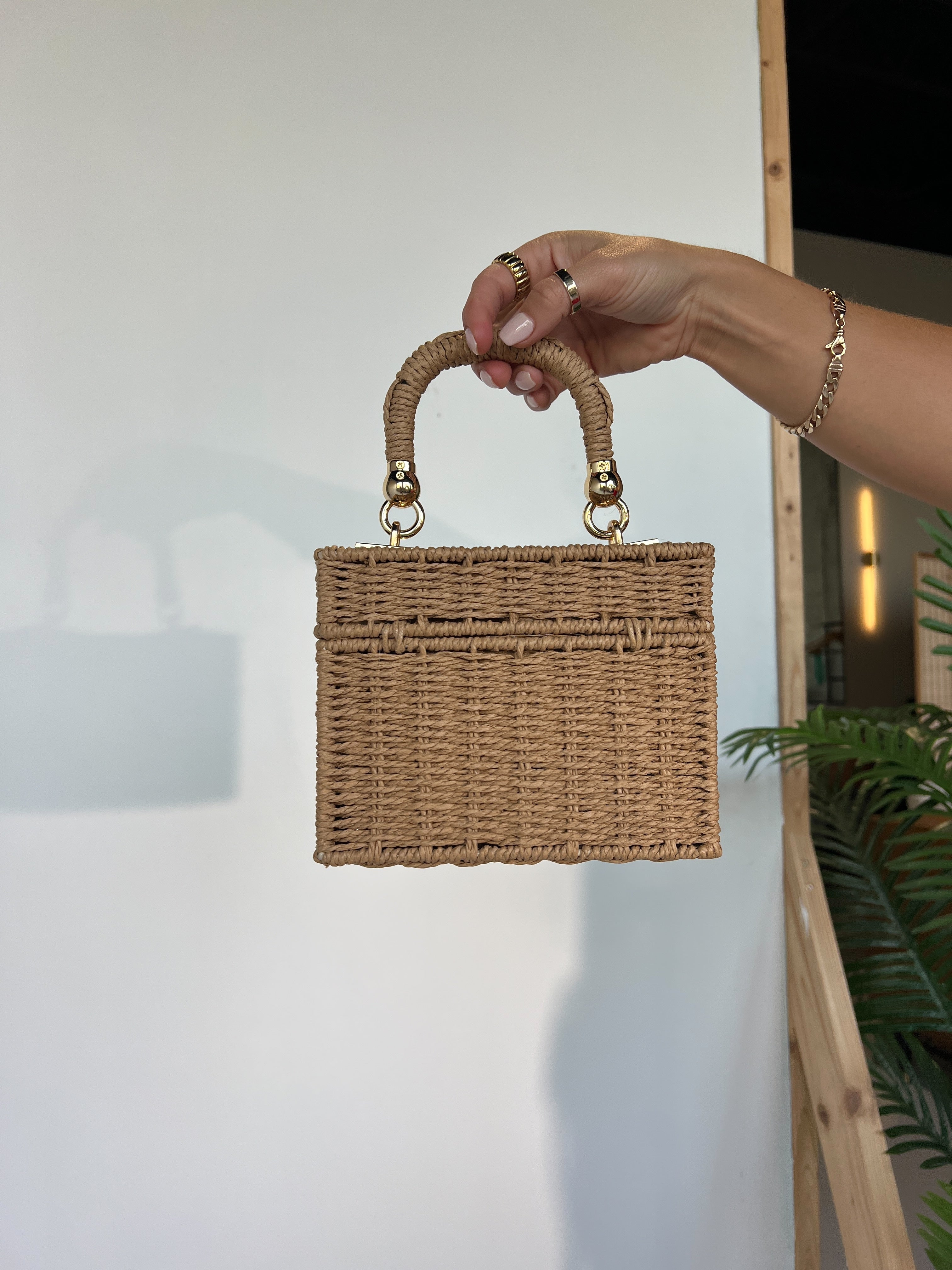 Tropic Top Handle Raffia Box Bag Natural