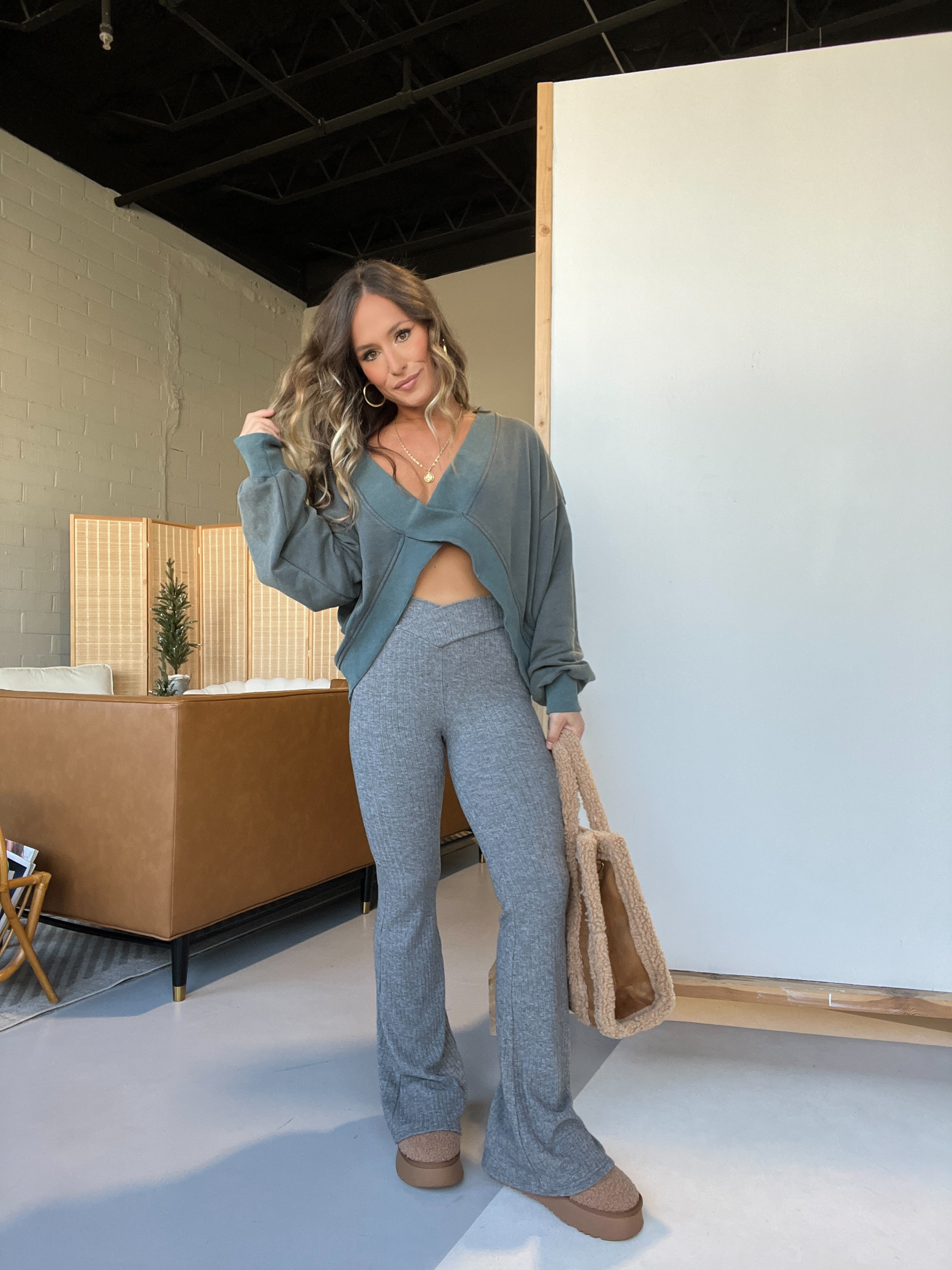 Beckett Crossover Sweater Knit Flares Grey