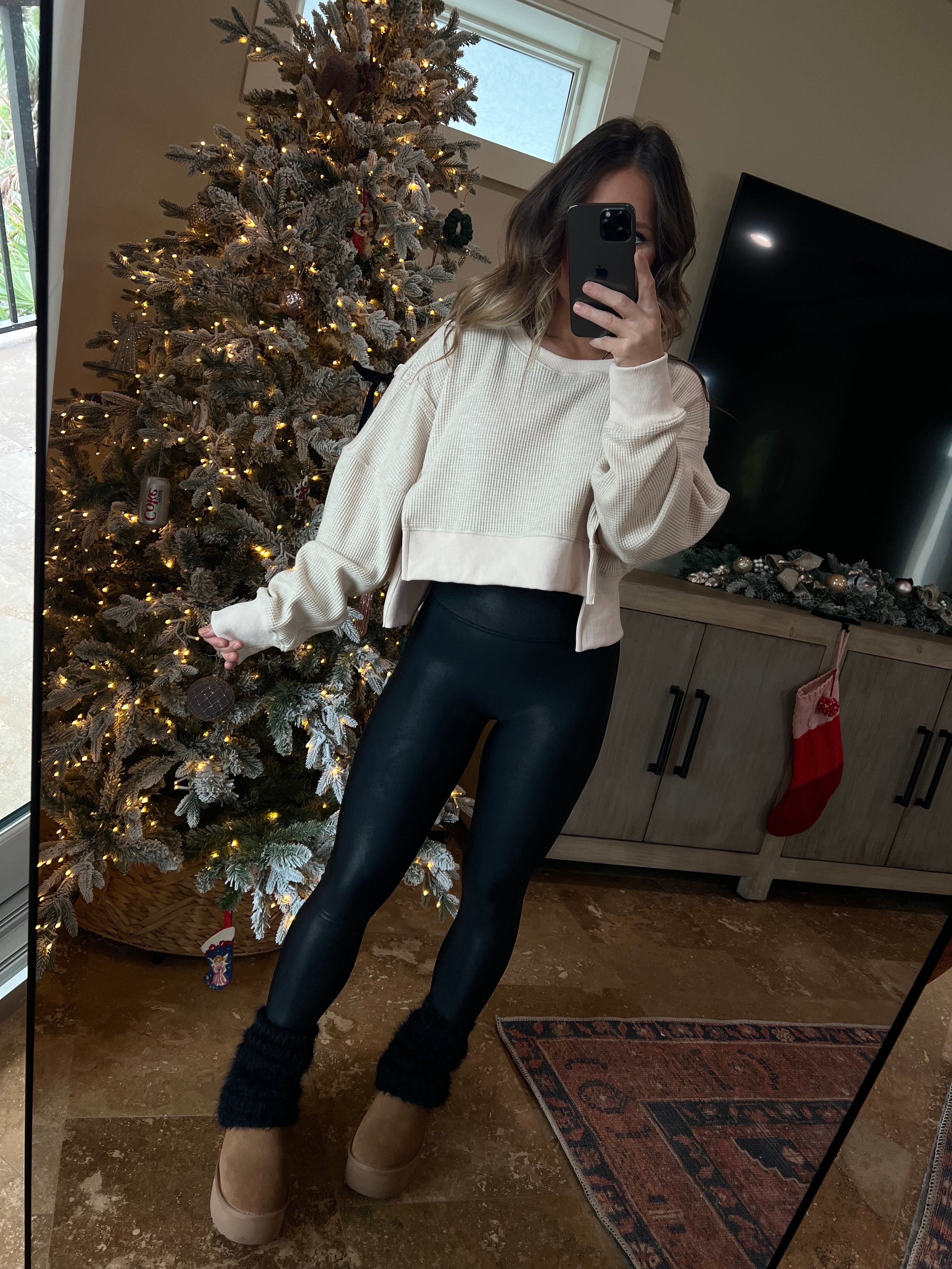 White Winter Waffle Cropped Henley Oatmeal