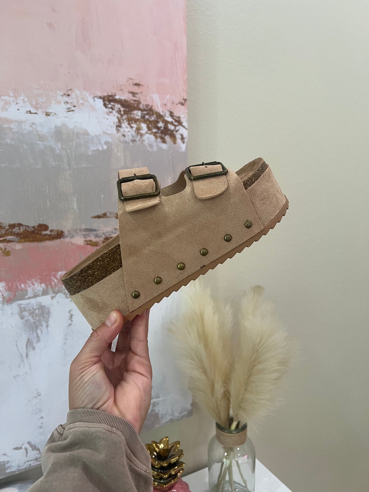 Blowout Stacked Double Strap Slides Natural Suede