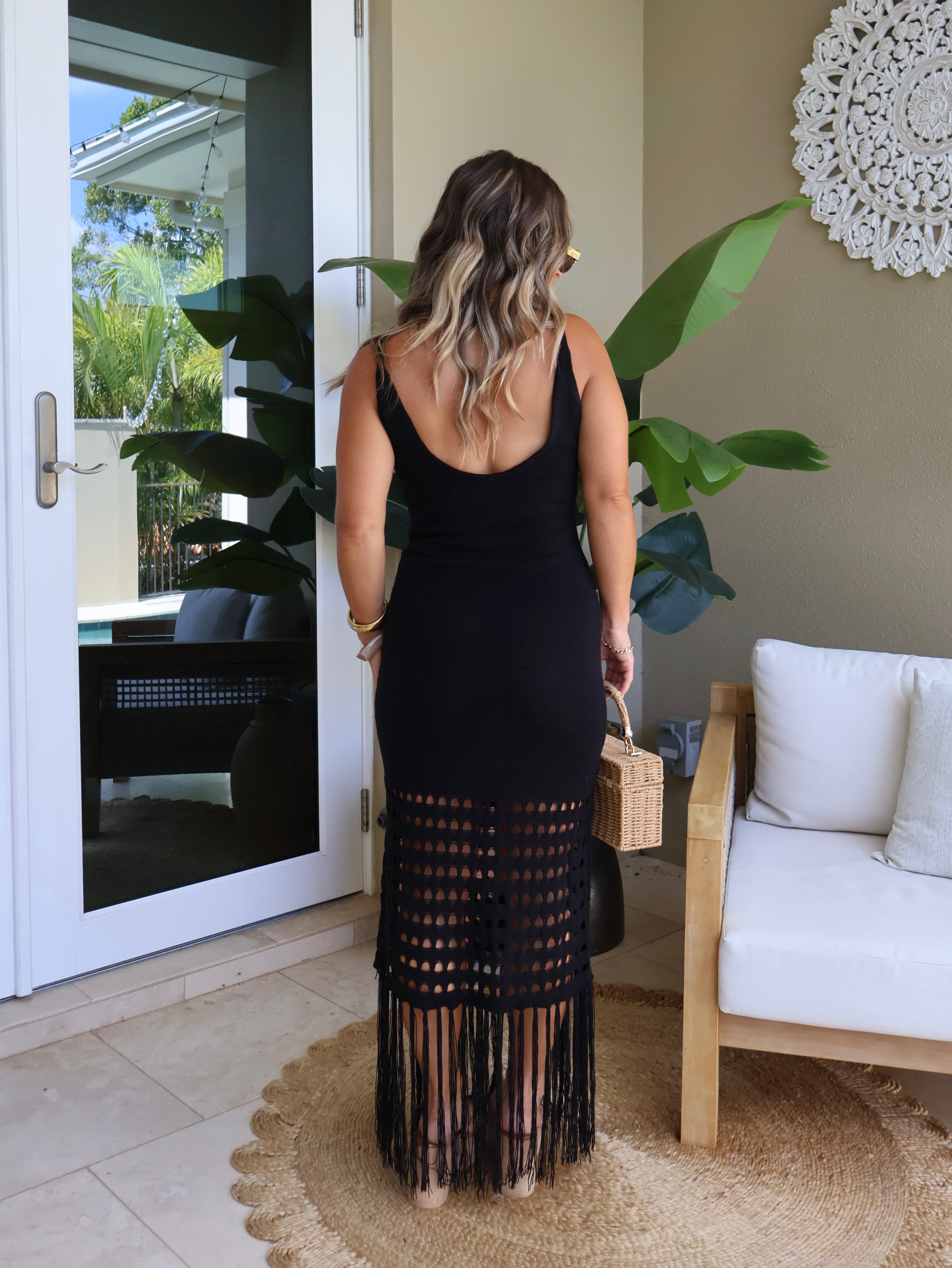 Raven Fringe Knit Midi Dress Black