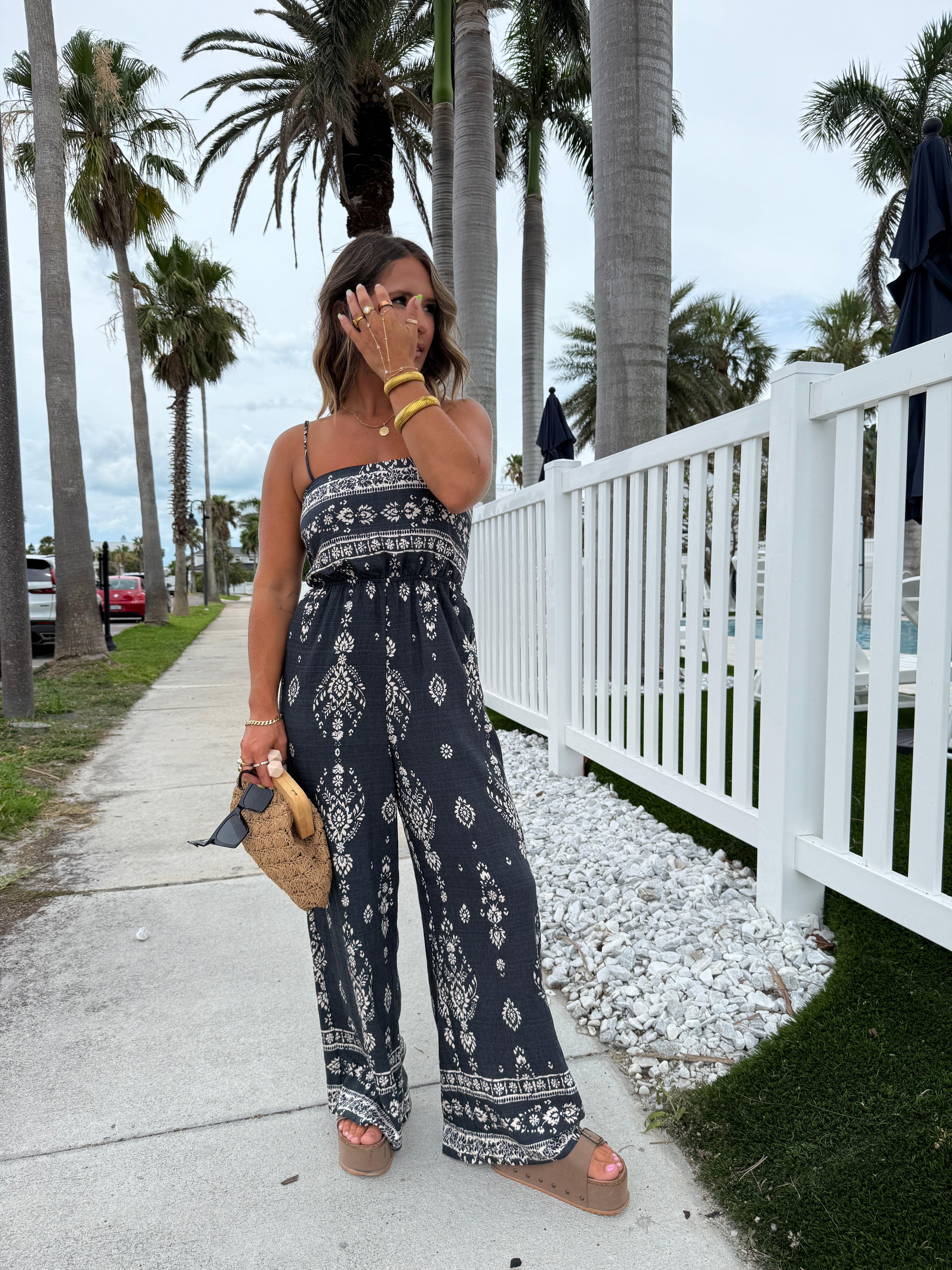 South of the Boarder Smocked Jumpsuit Navy