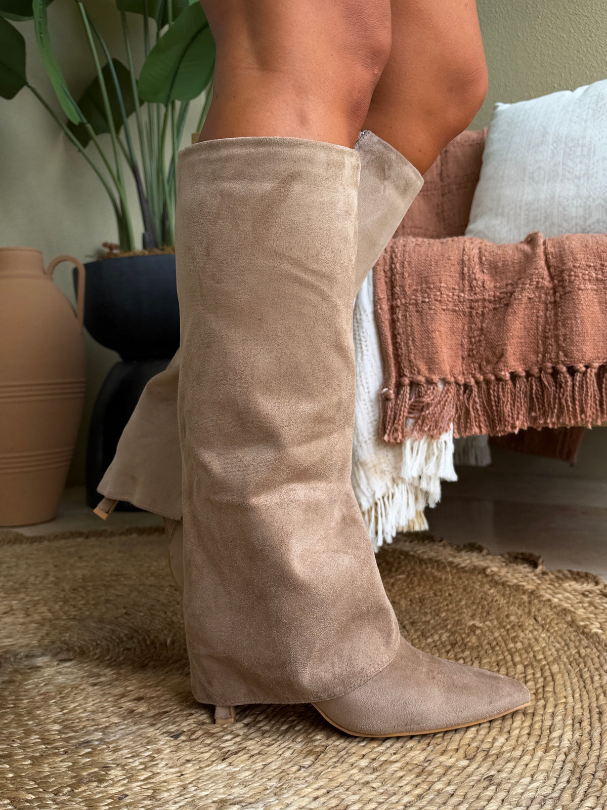 Clara Suede Foldover Boots Khaki