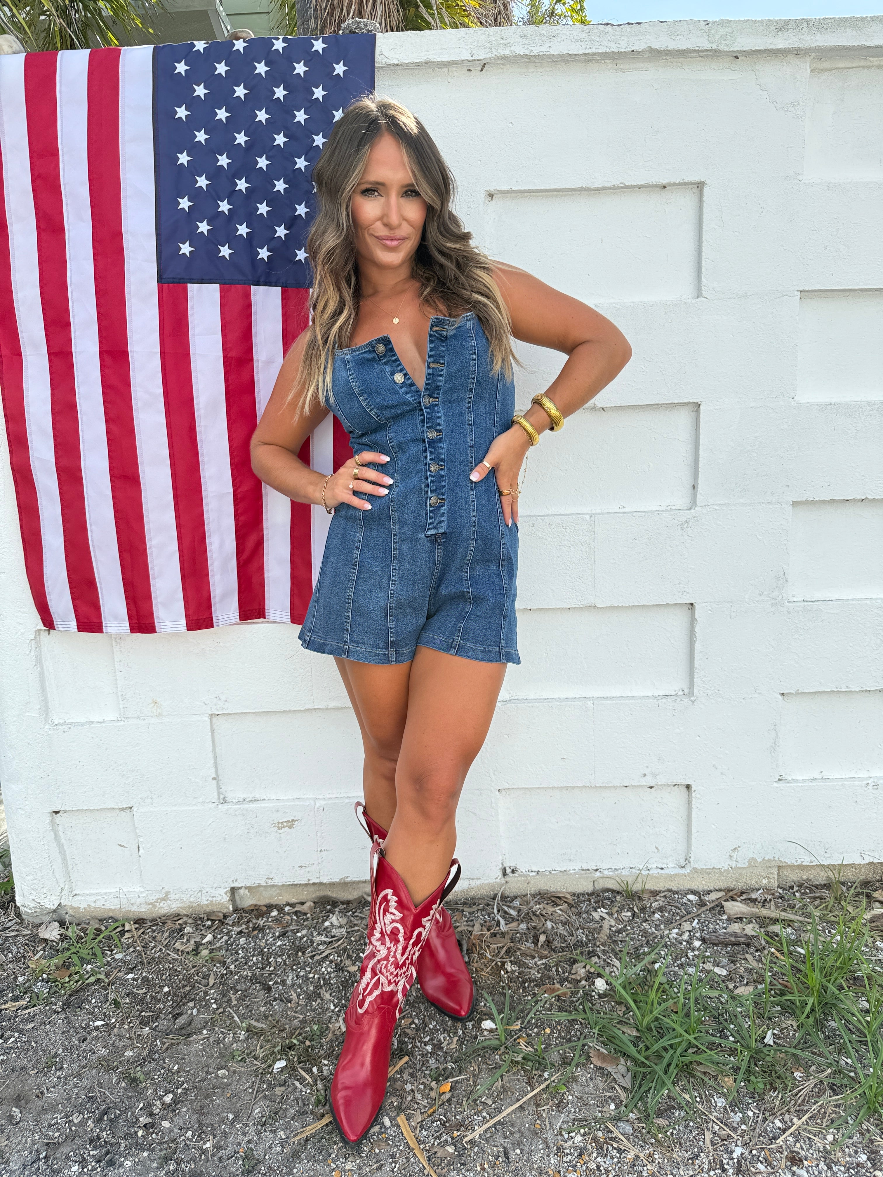 Dolly Front Button Denim Romper