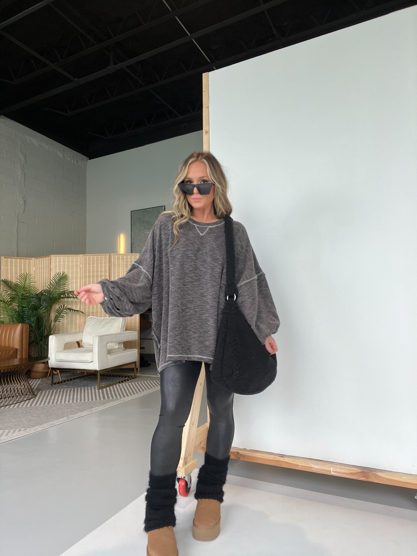 Charcoal Pass Me By Oversized Thermal Top