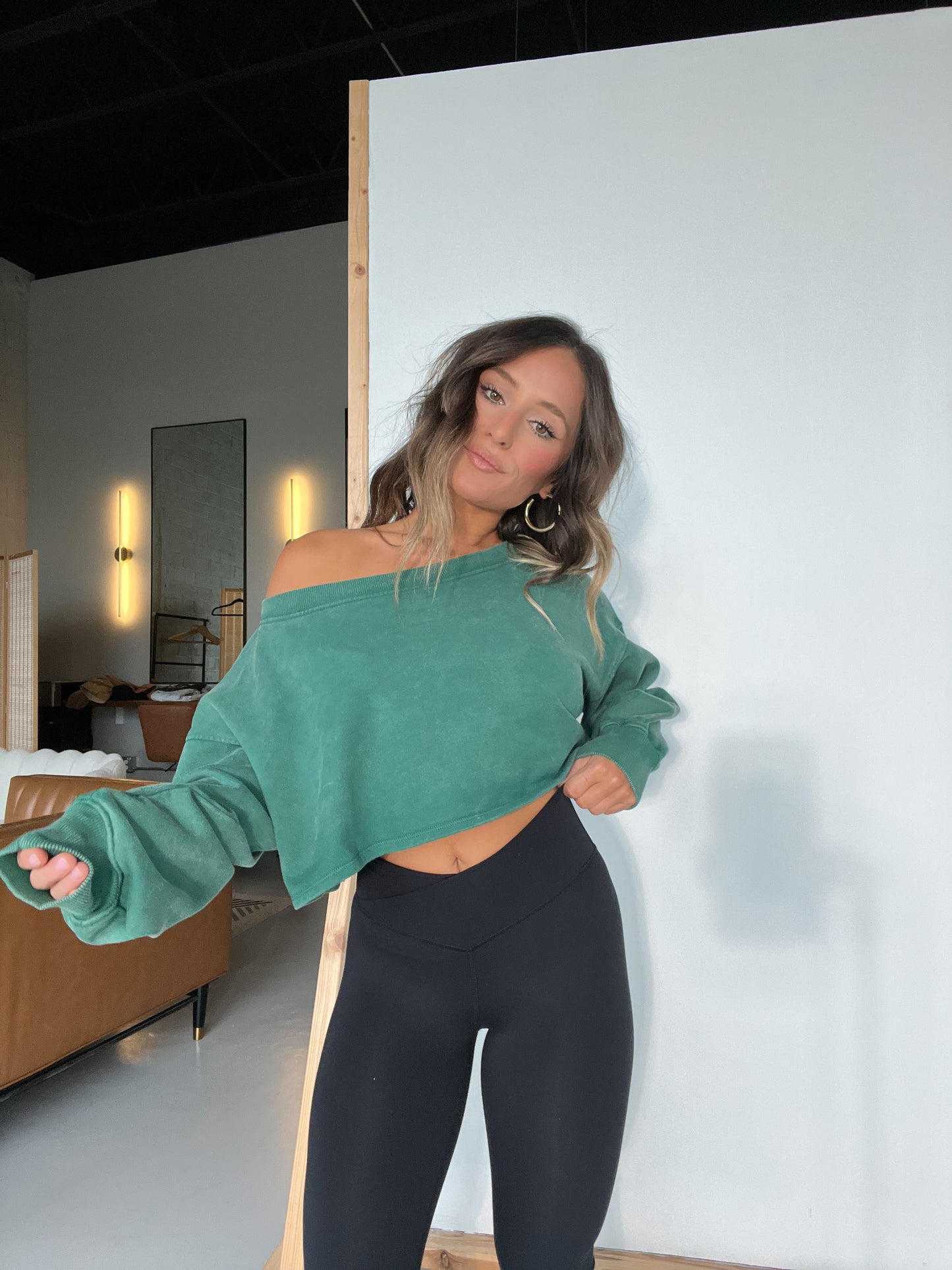 Harley Babe Off the Shoulder Sweatshirt Hunter Green