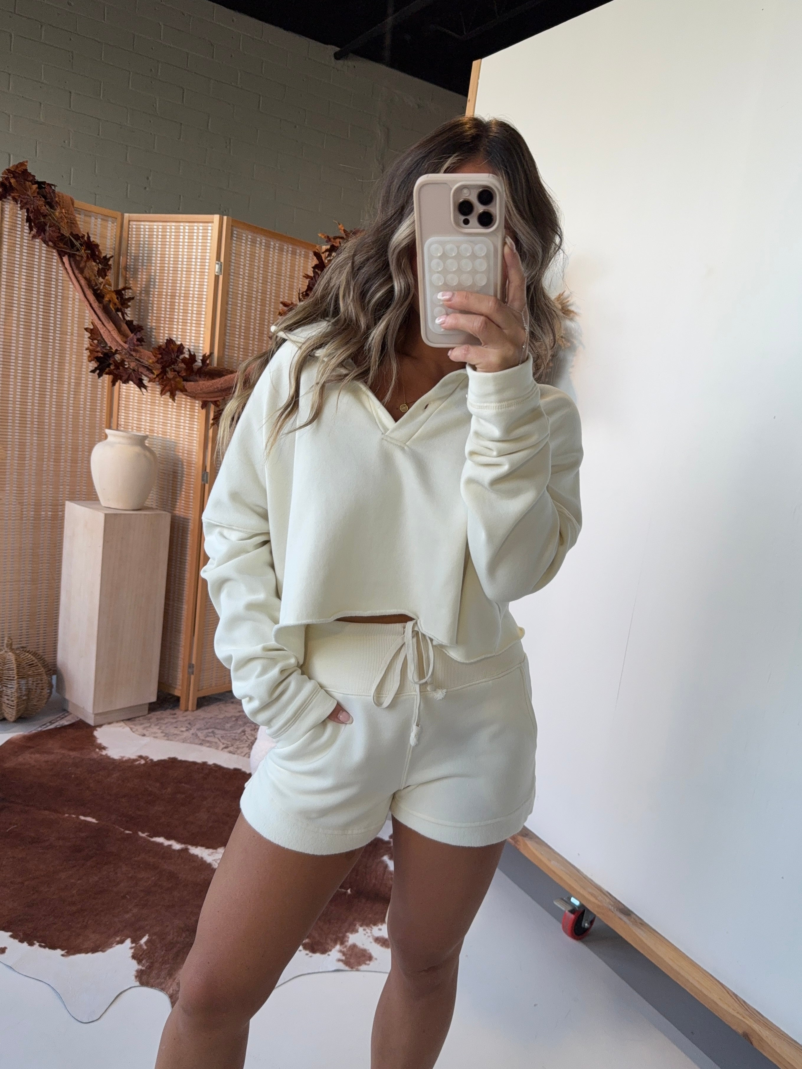 Cinnamon Drift Henley Shorts Set Ecru
