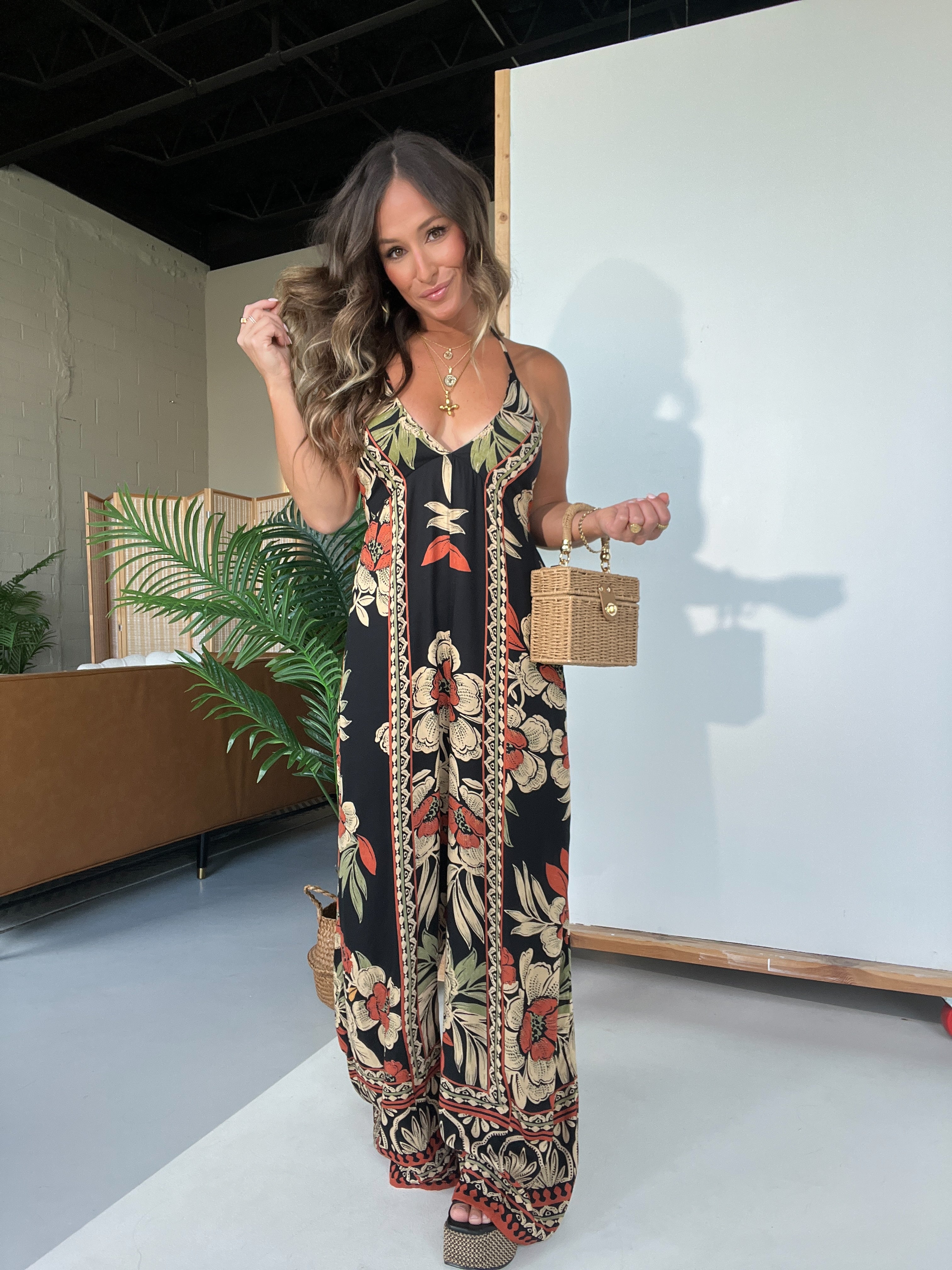 Milos Floral Boho Halter Jumpsuit Black