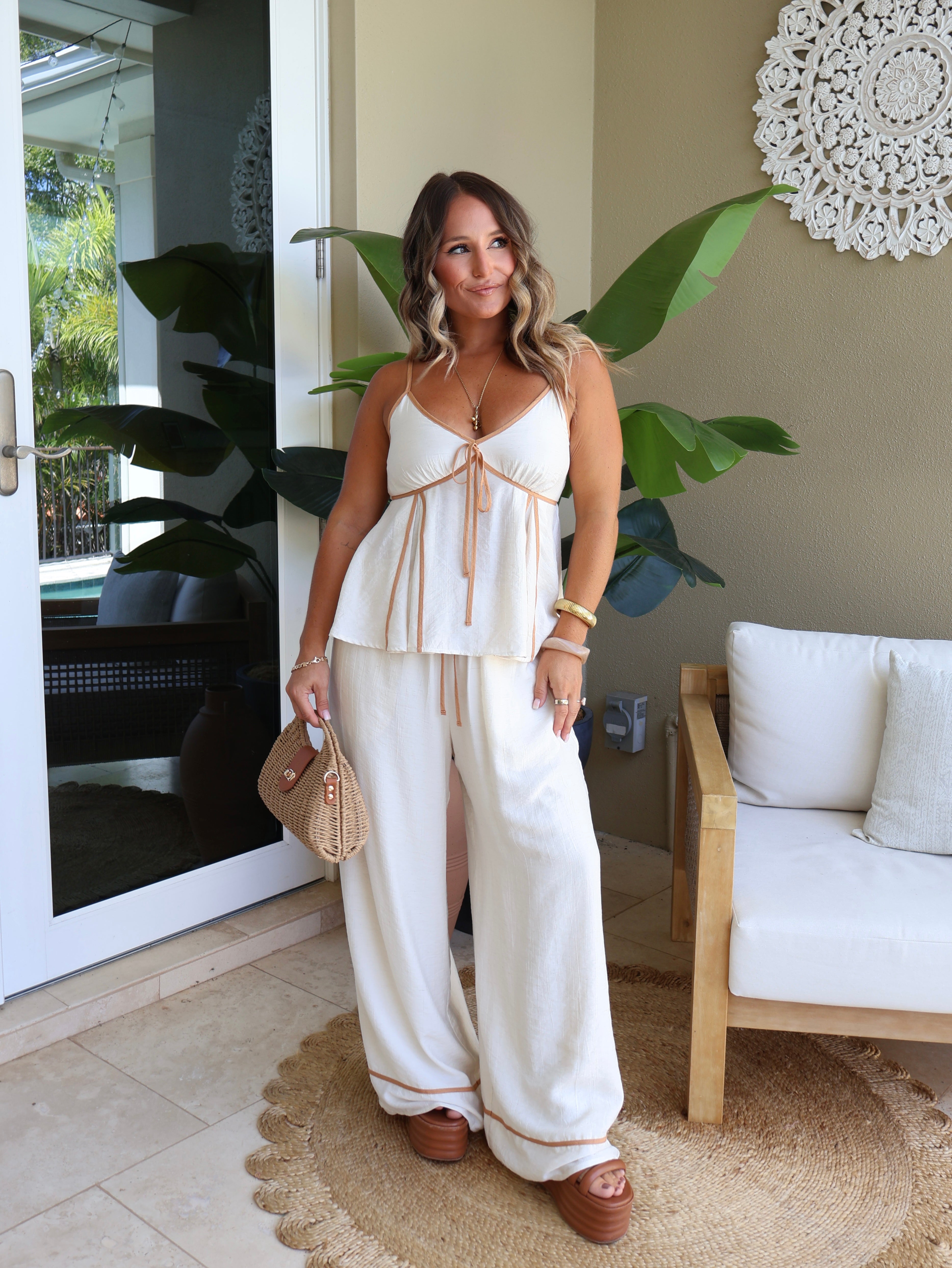 Florence Piped Pants Set Cream/Caramel