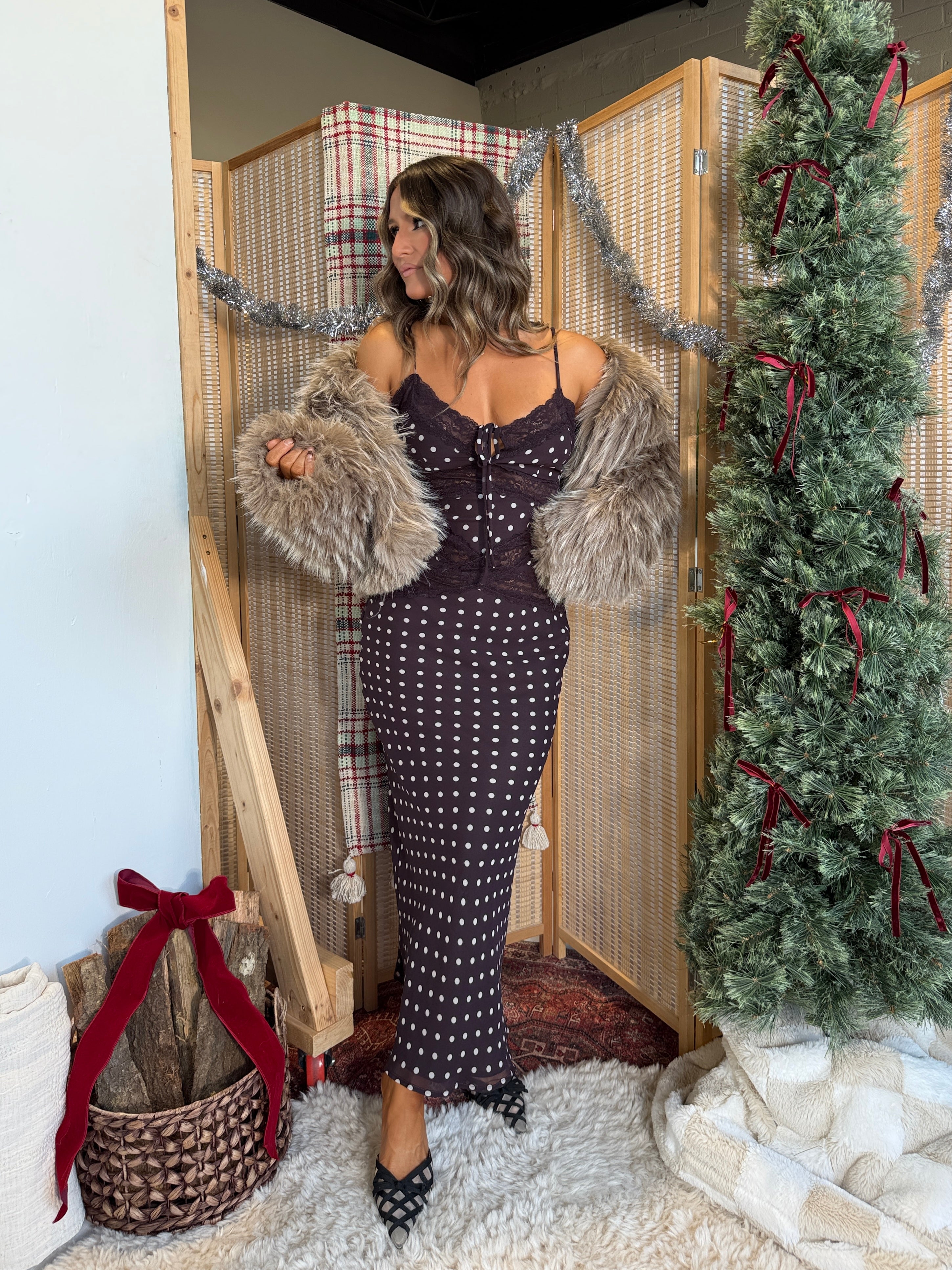 Holiday Date Polka Dot Maxi Dress Brown