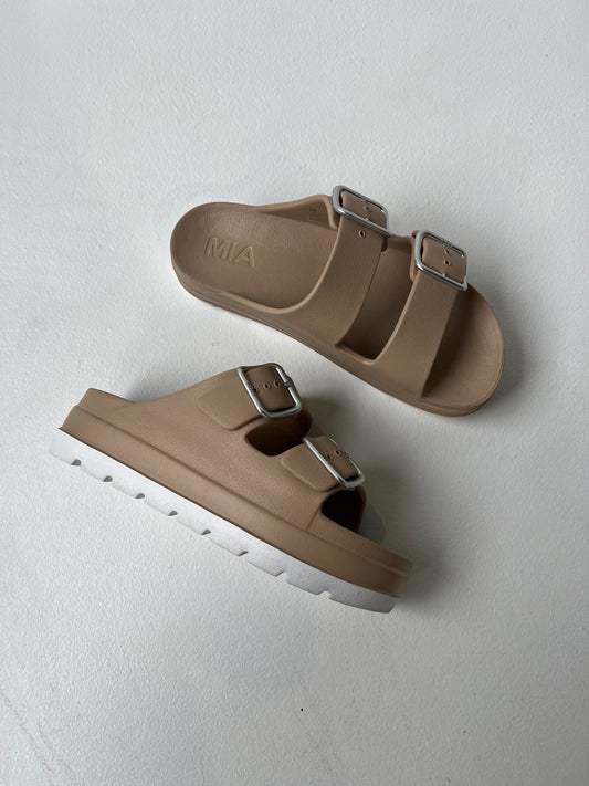 Santi Stacked Double Strap Slides Sand