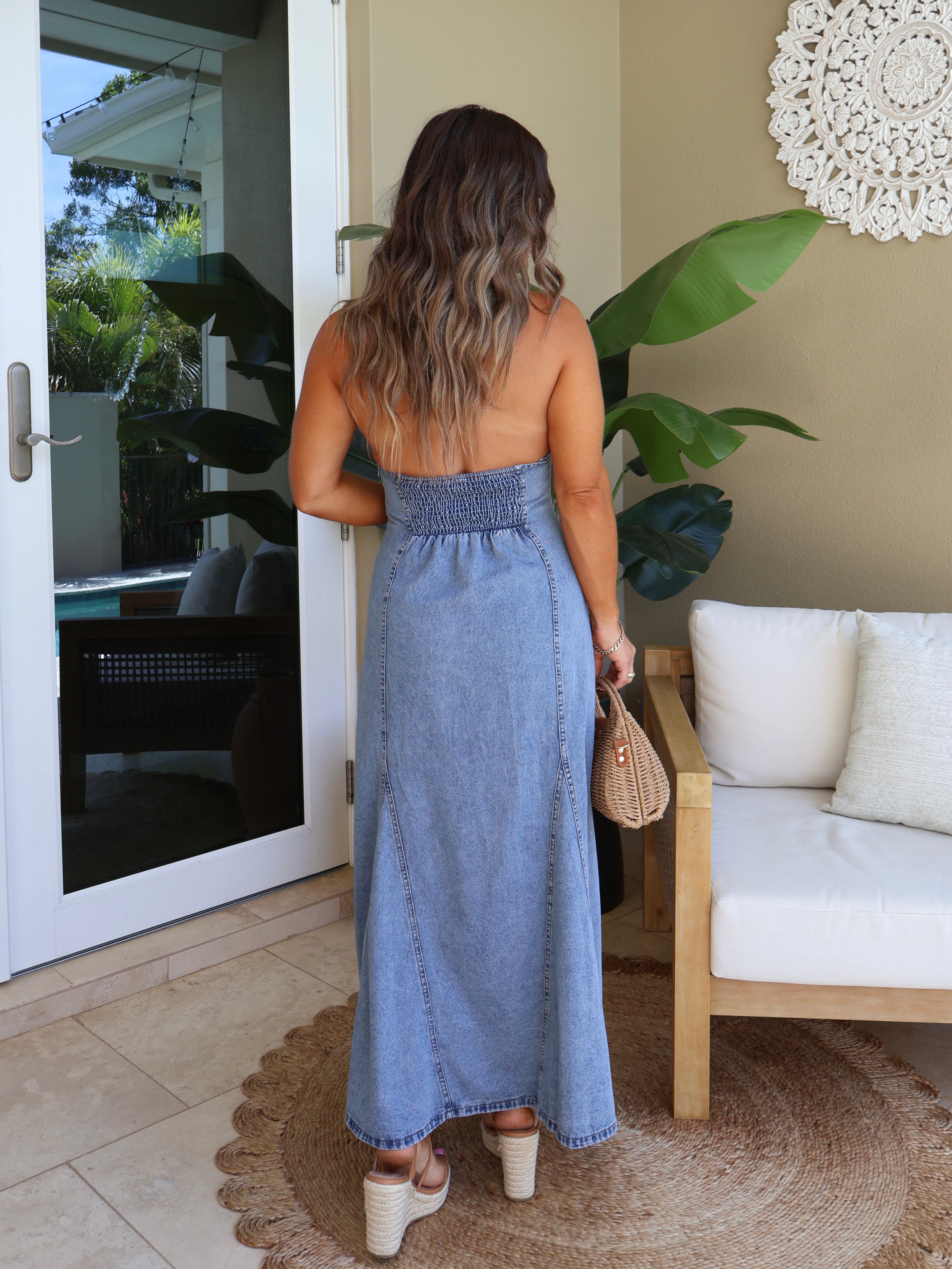 Aria Halter Denim Midi Dress