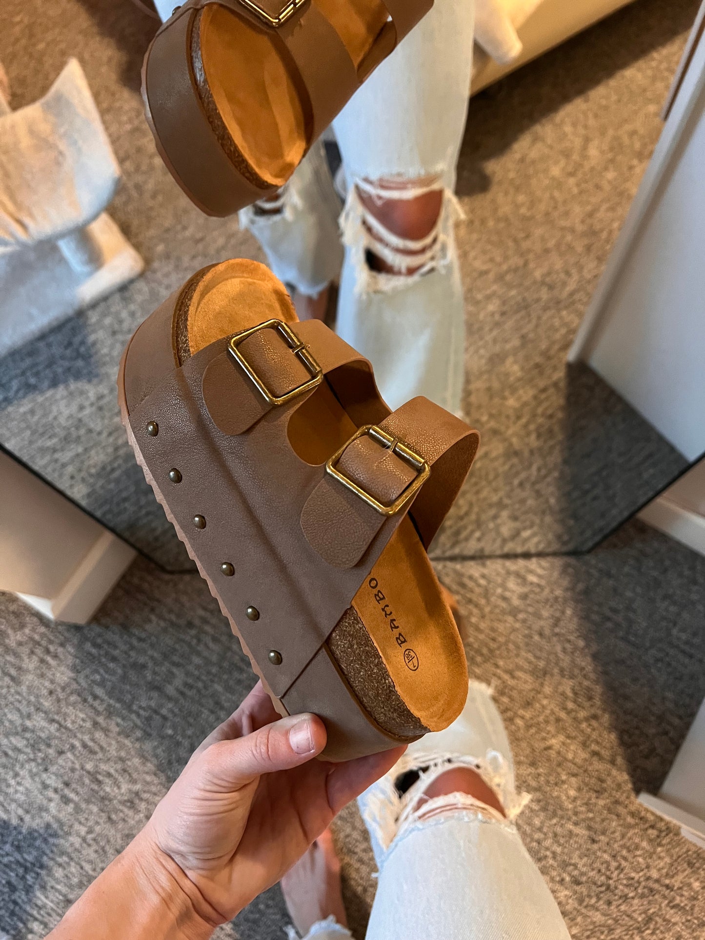 Blowout Stacked Double Strap Slides Taupe