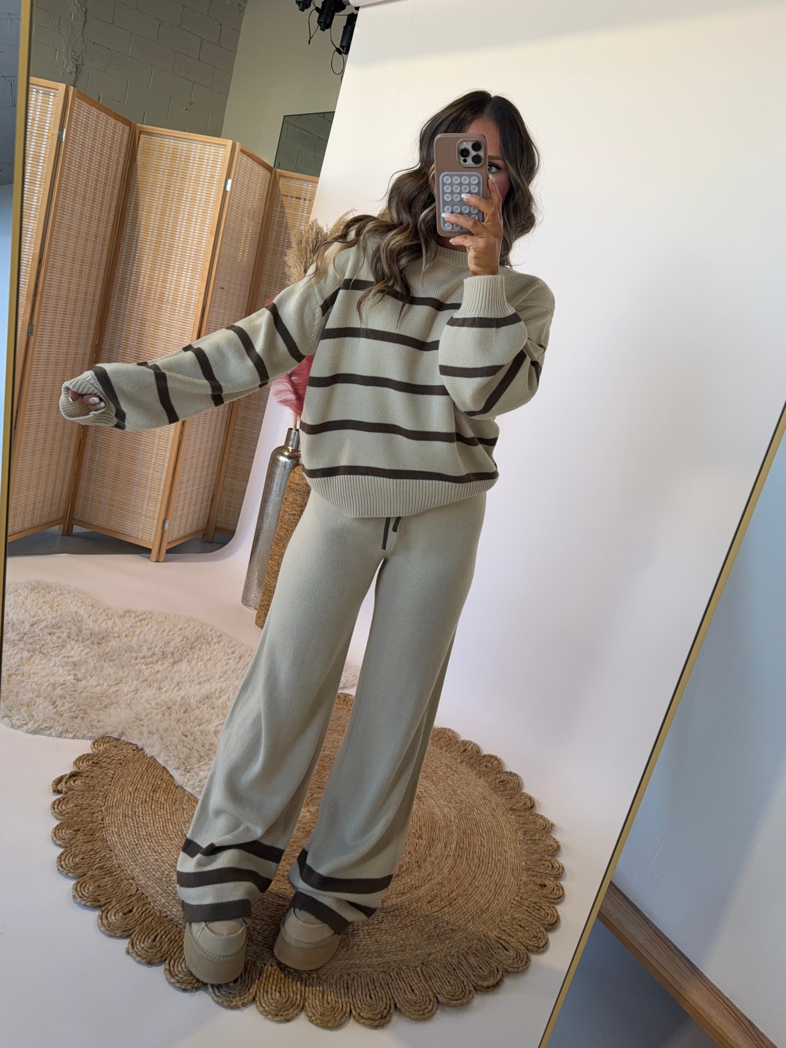 Cozy As You Striped Lounge Set Taupe/Brown