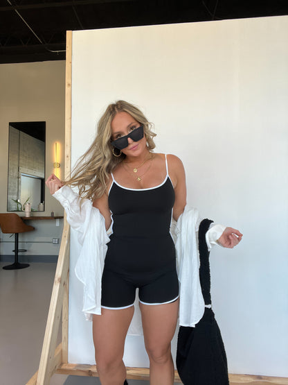 On The Go Piped Romper Black