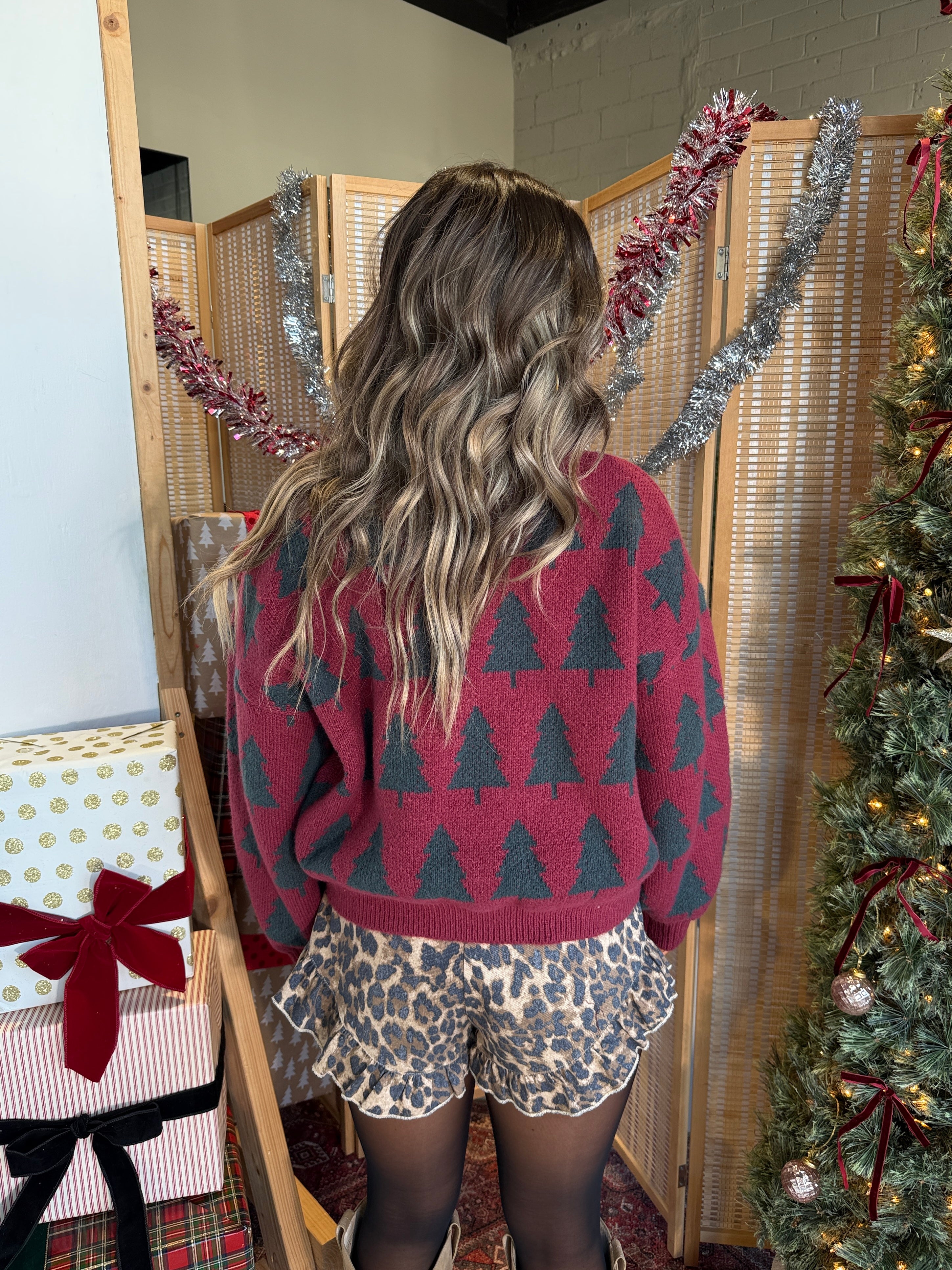 Winter Pine Knit Sweater Burgundy