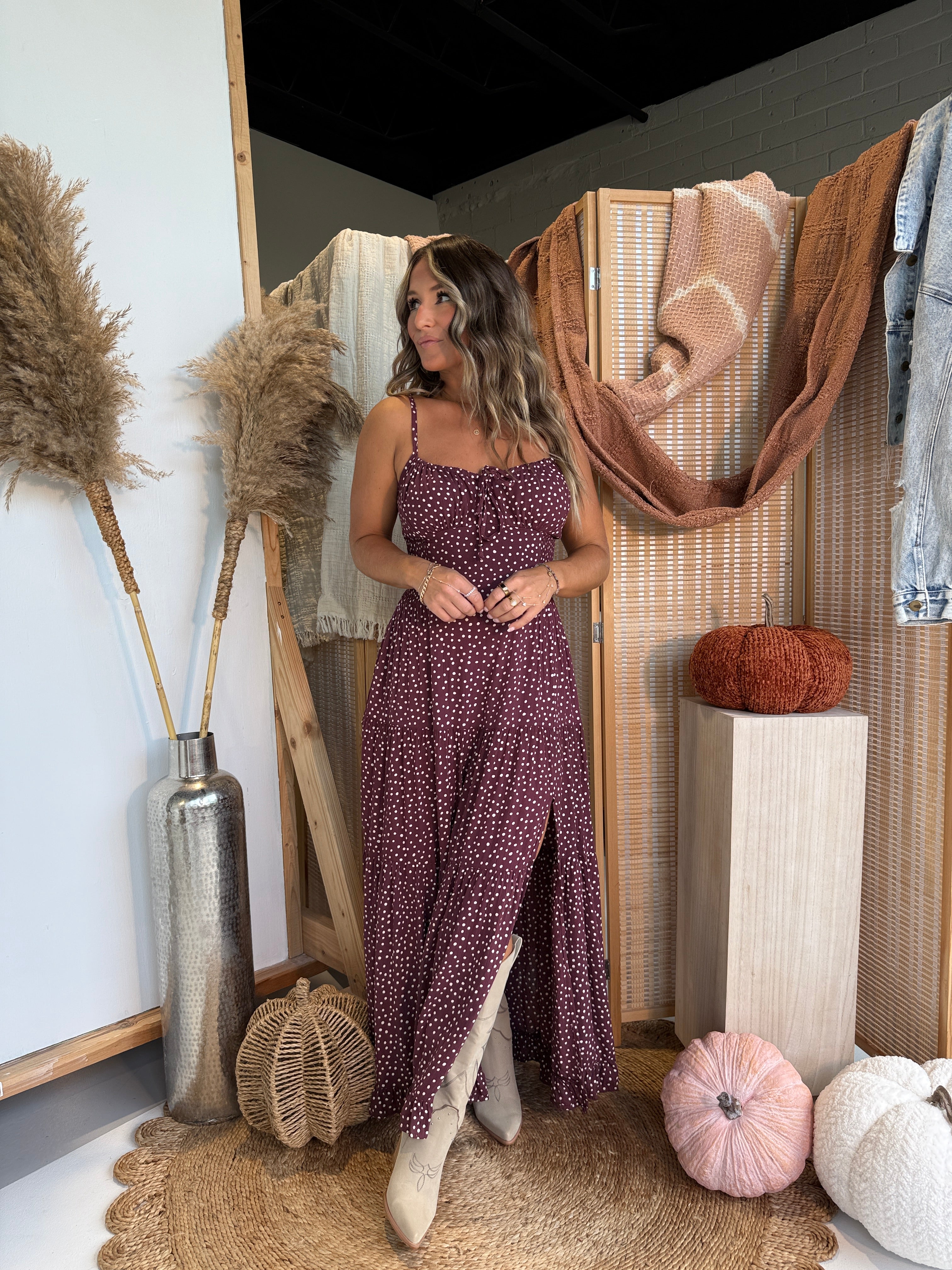 Fall Date Night Maxi Dress Chocolate Polkadot