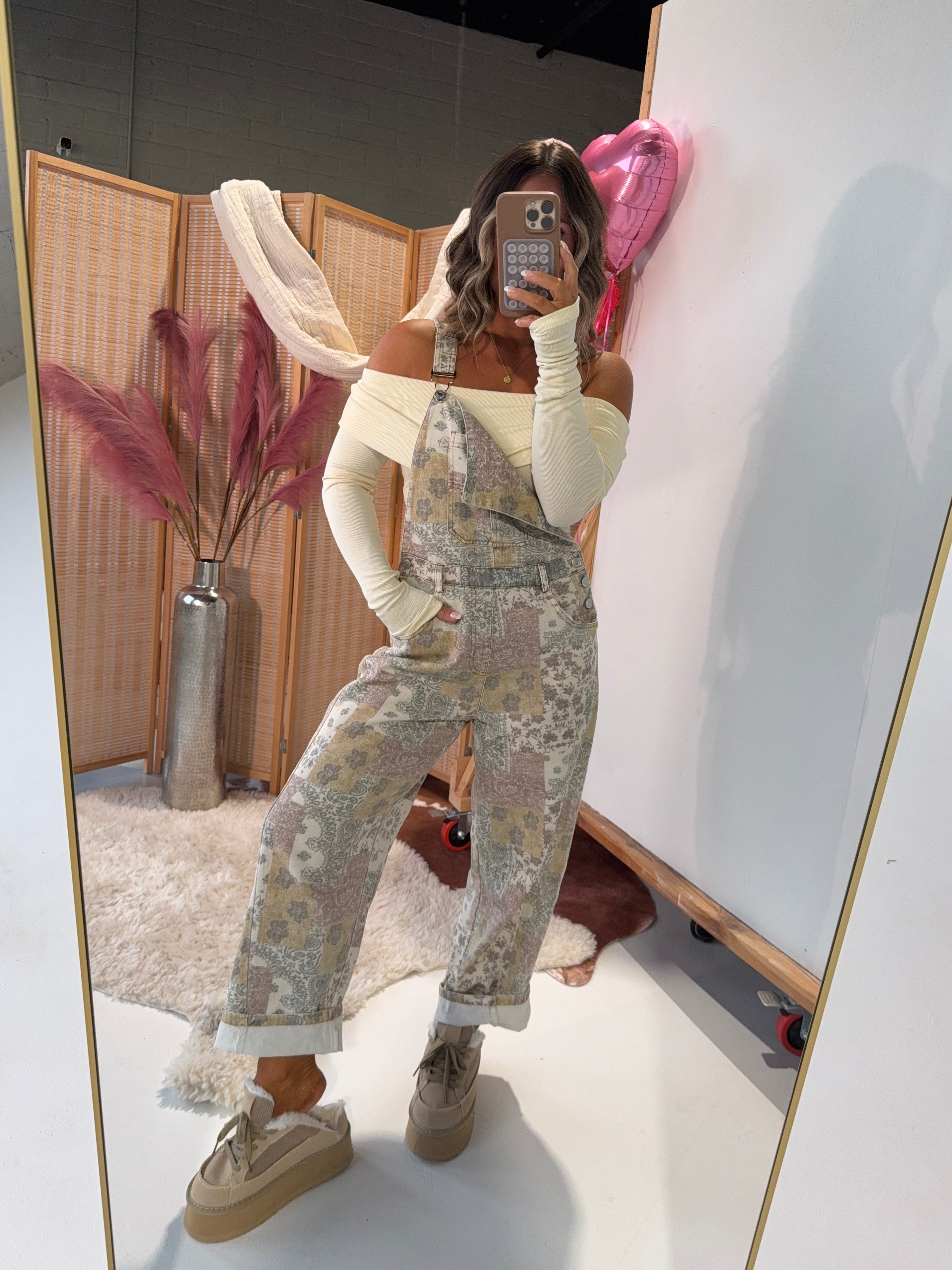 Love Spell Barrel Overalls Multi Taupe