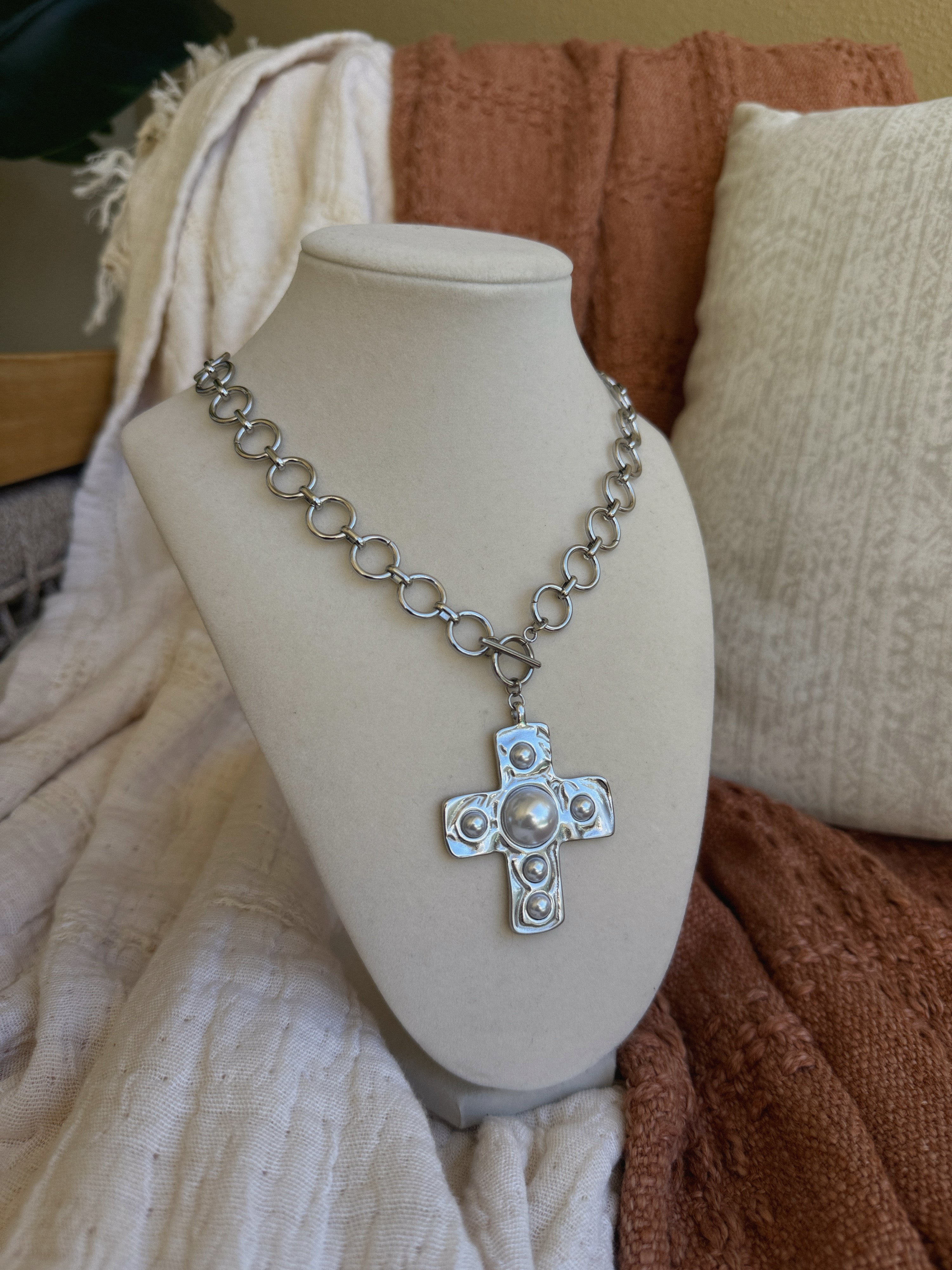 Maya Pearl Cross Necklace Silver