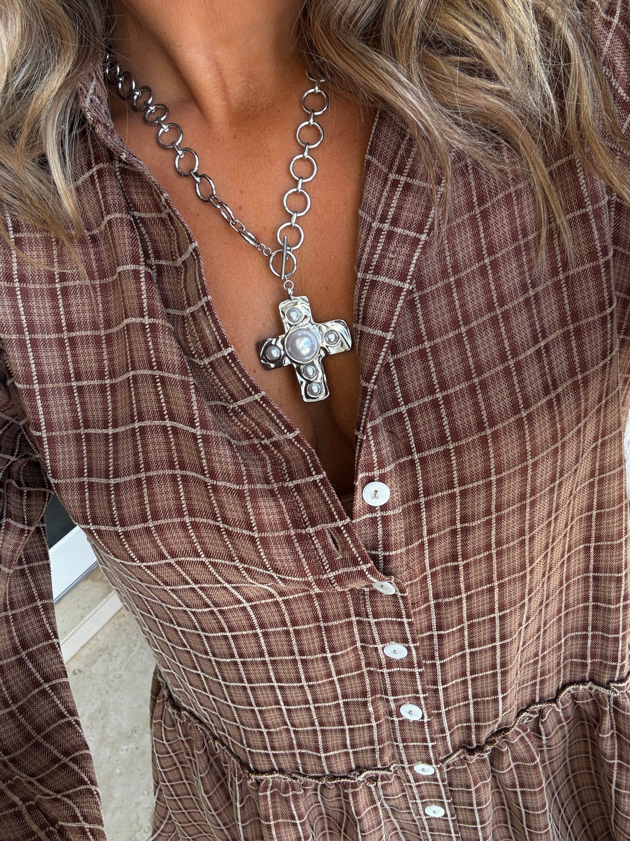 Maya Pearl Cross Necklace Silver