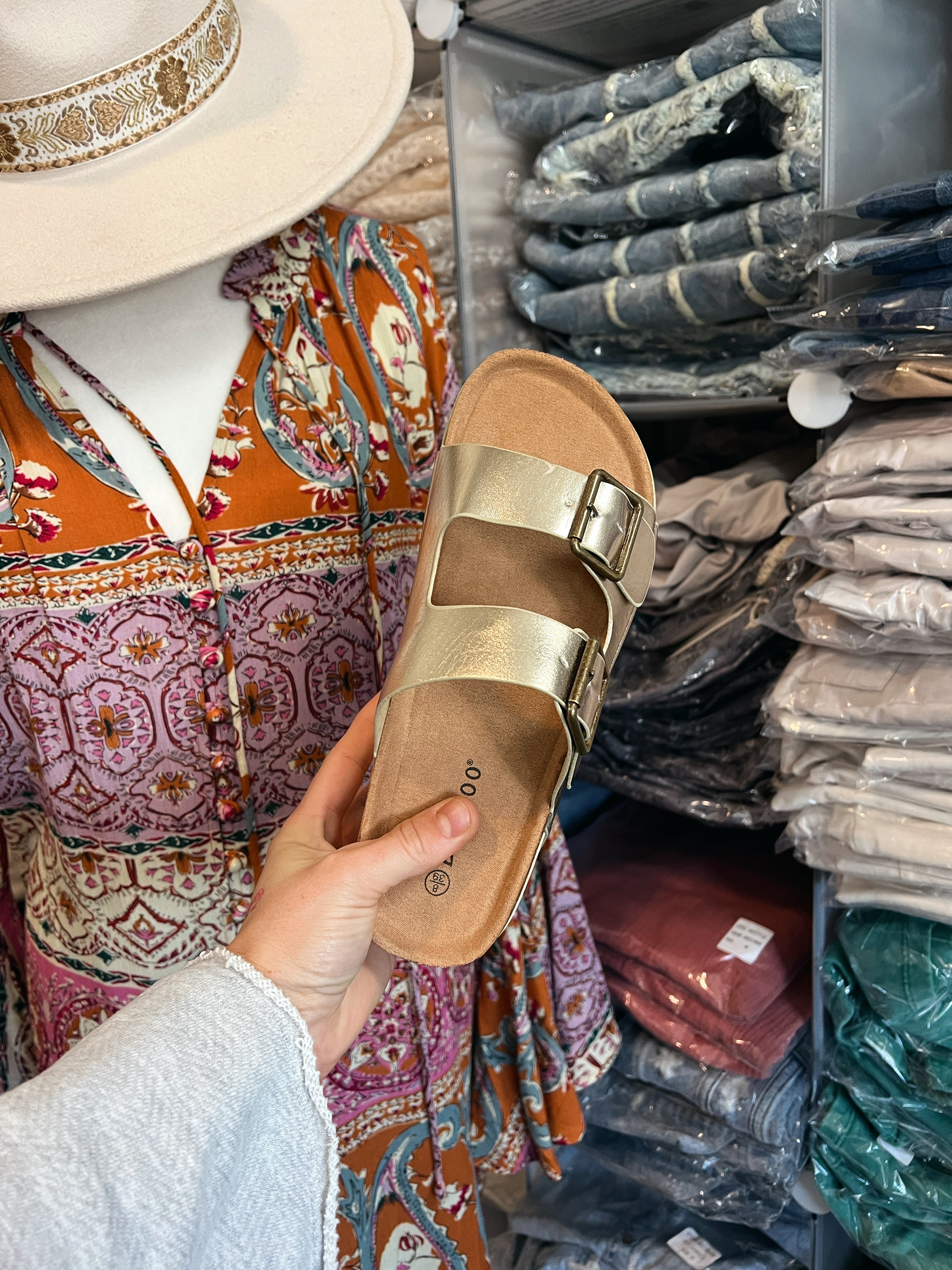 Gold Blowout Stacked Double Strap Slides