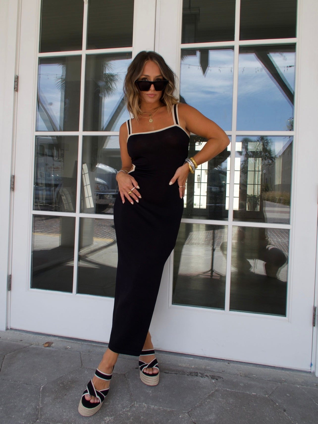 Beachside Contrast Knit Midi Dress Black