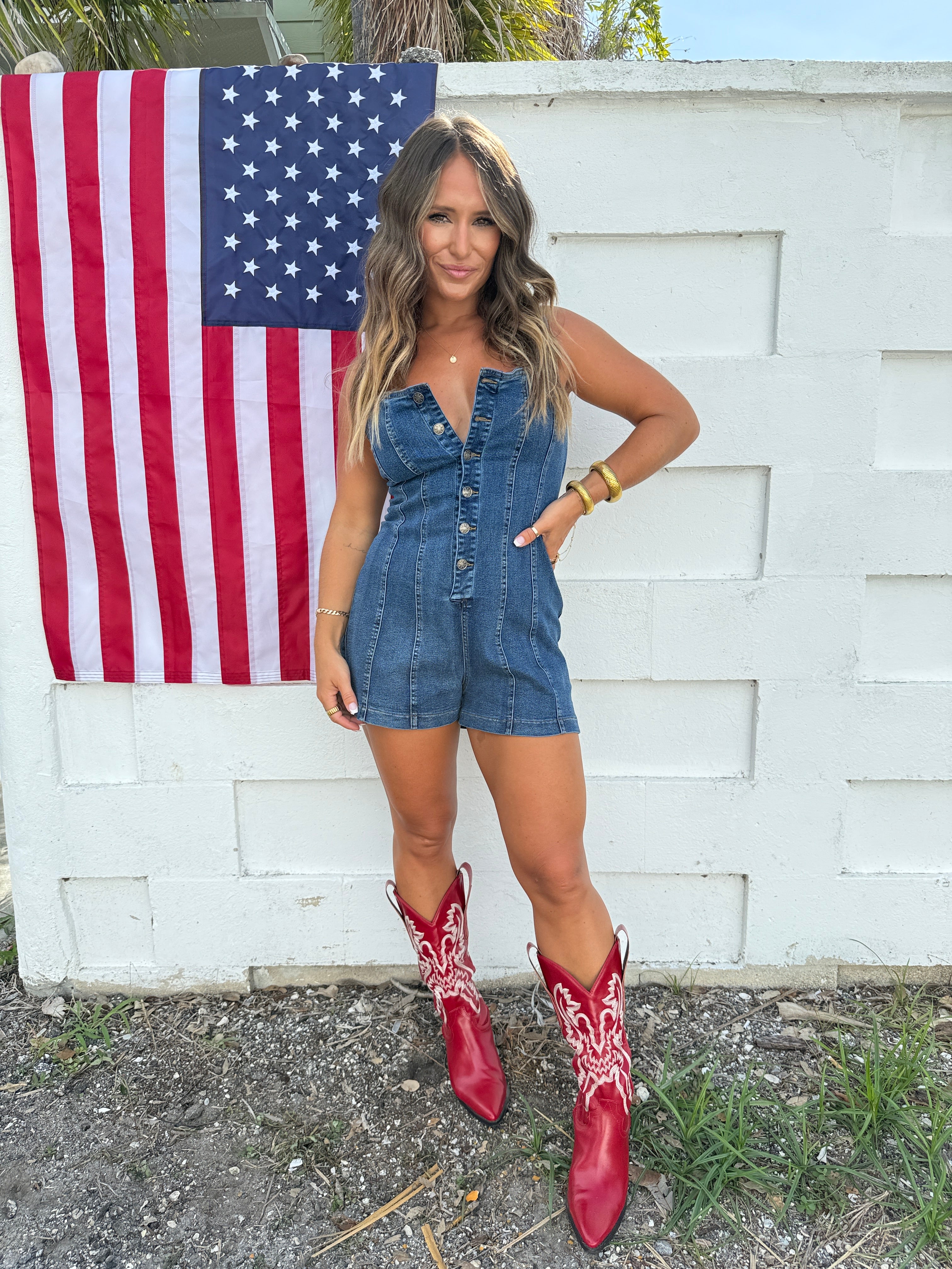 Dolly Front Button Denim Romper