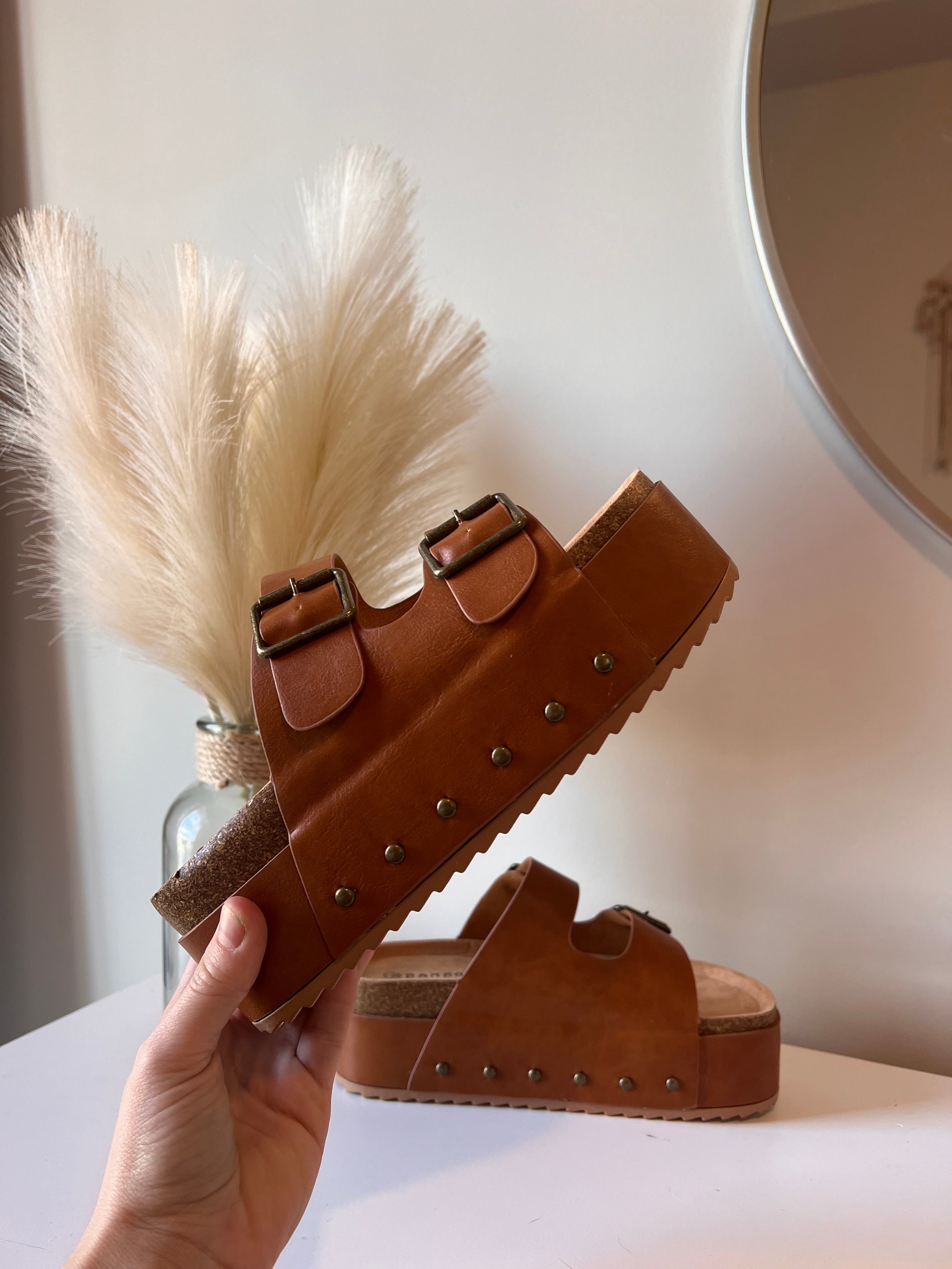 Blowout Stacked Double Strap Slides Tan Pu