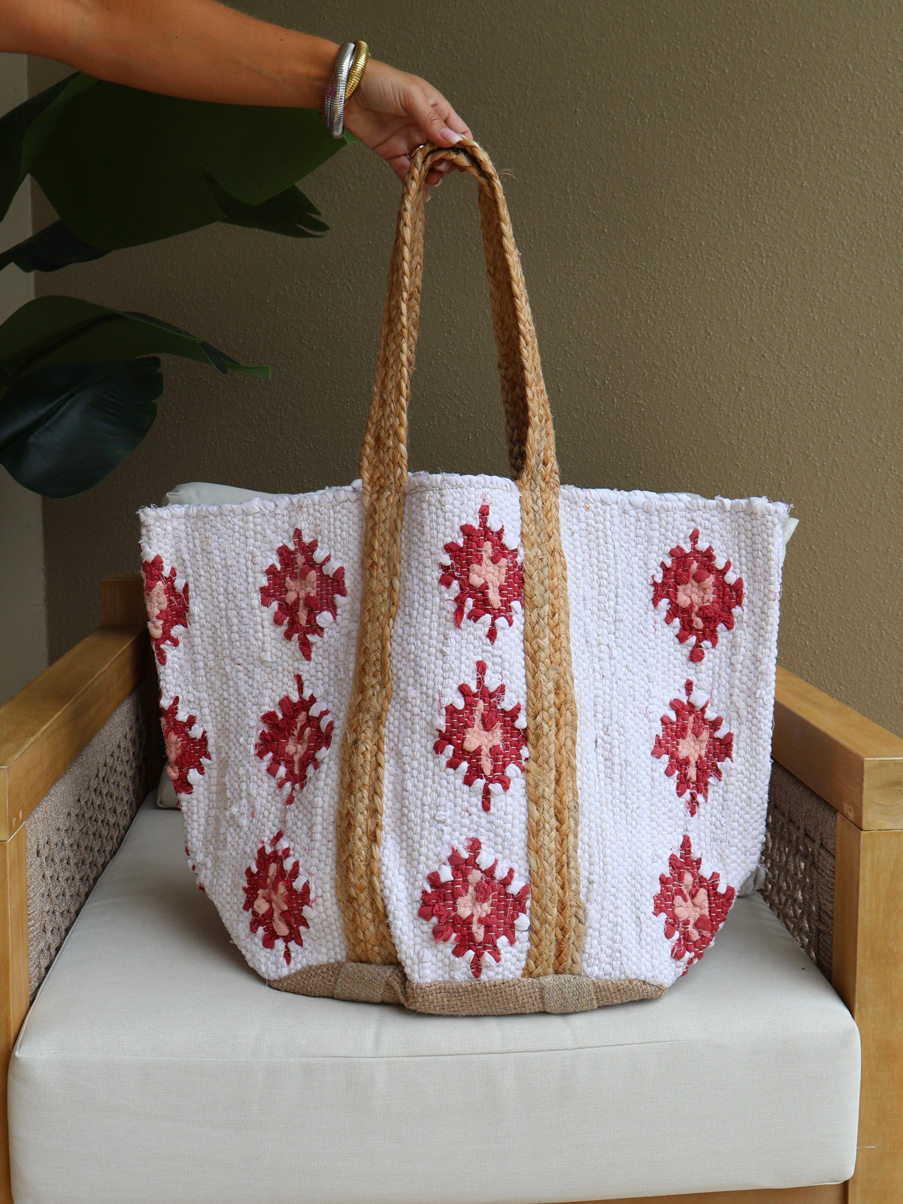 Canyon Crush Woven Tote Ivory/Red