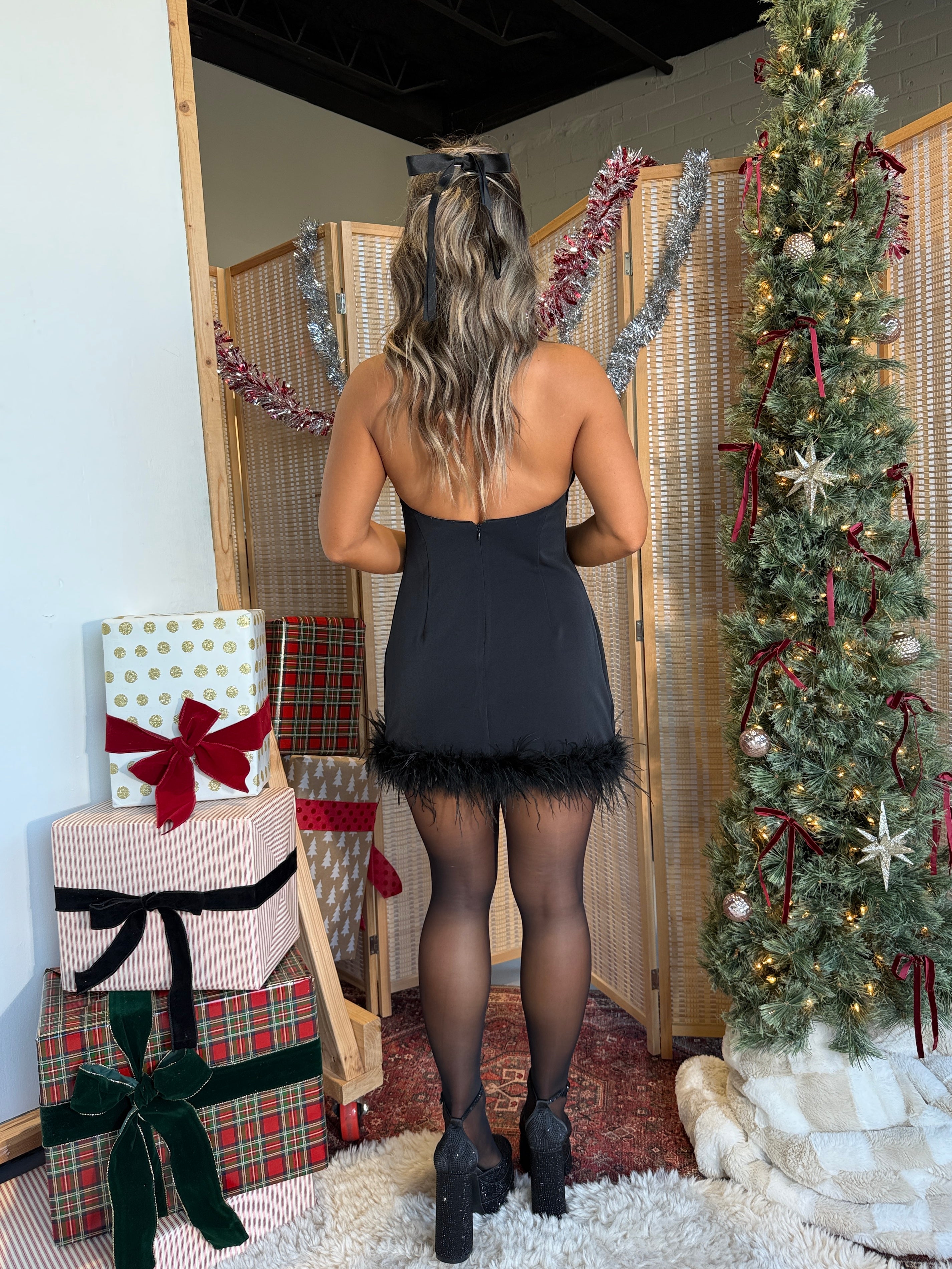 New Years Kiss Fur Trim Mini Dress Black