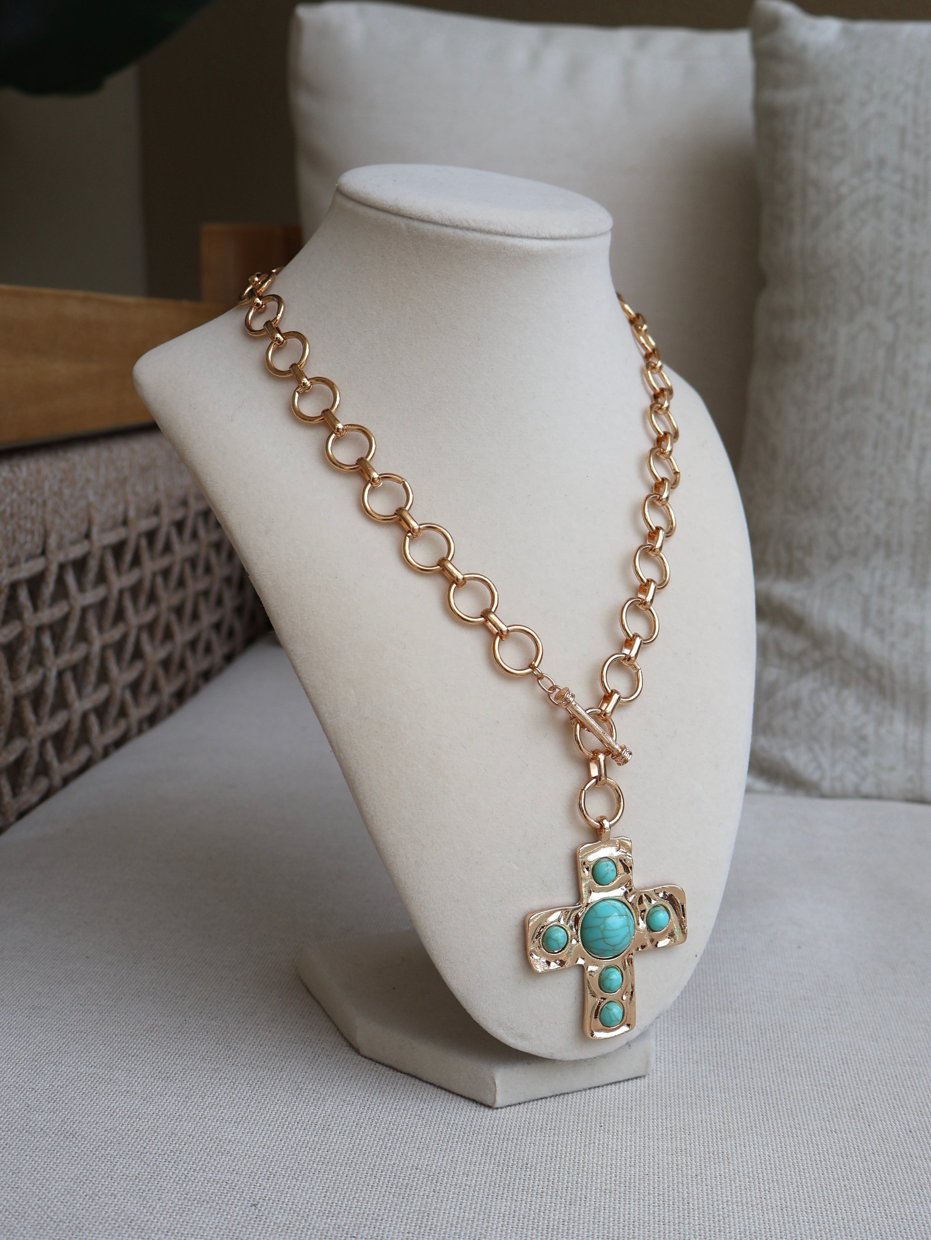 Valencia Turquoise Cross Necklace Gold