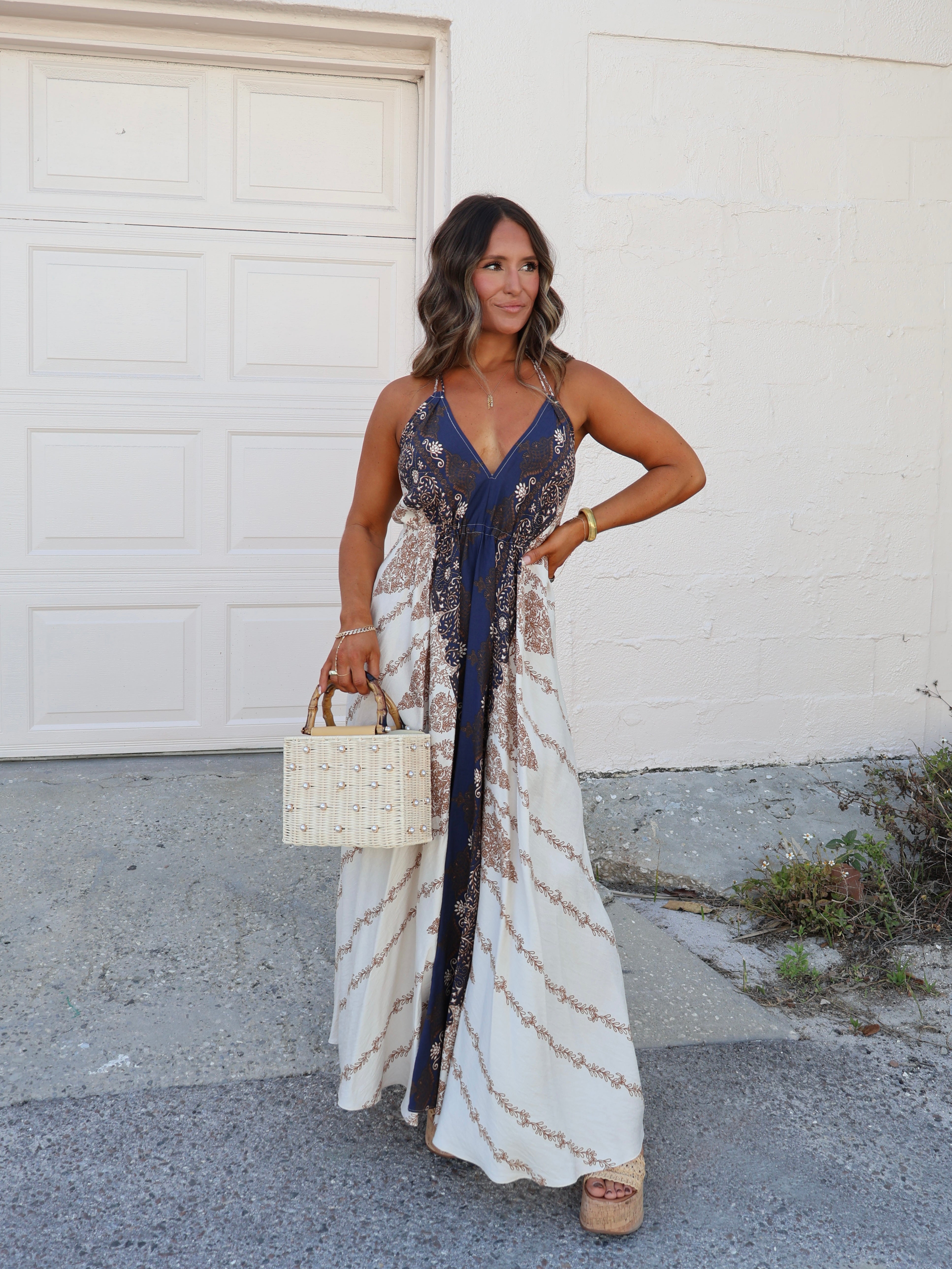 Boho Fields Halter Dress Oat/Navy