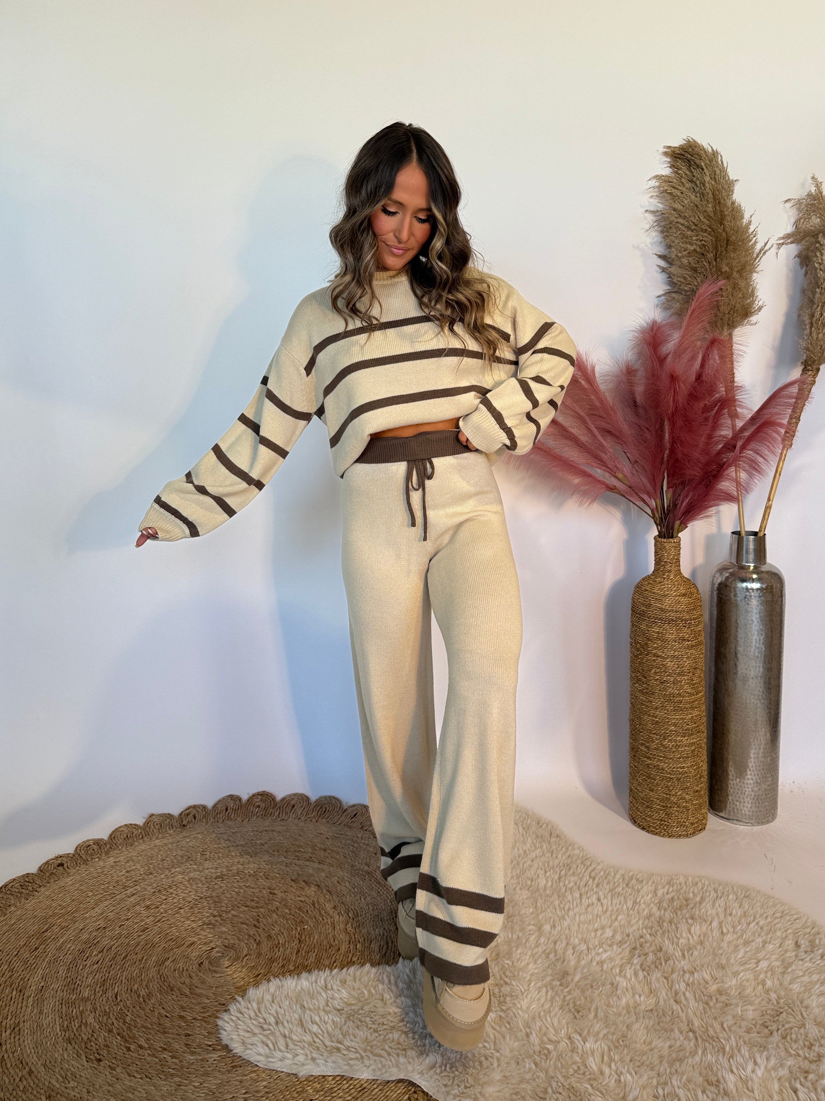 Cozy As You Striped Lounge Set Taupe/Brown