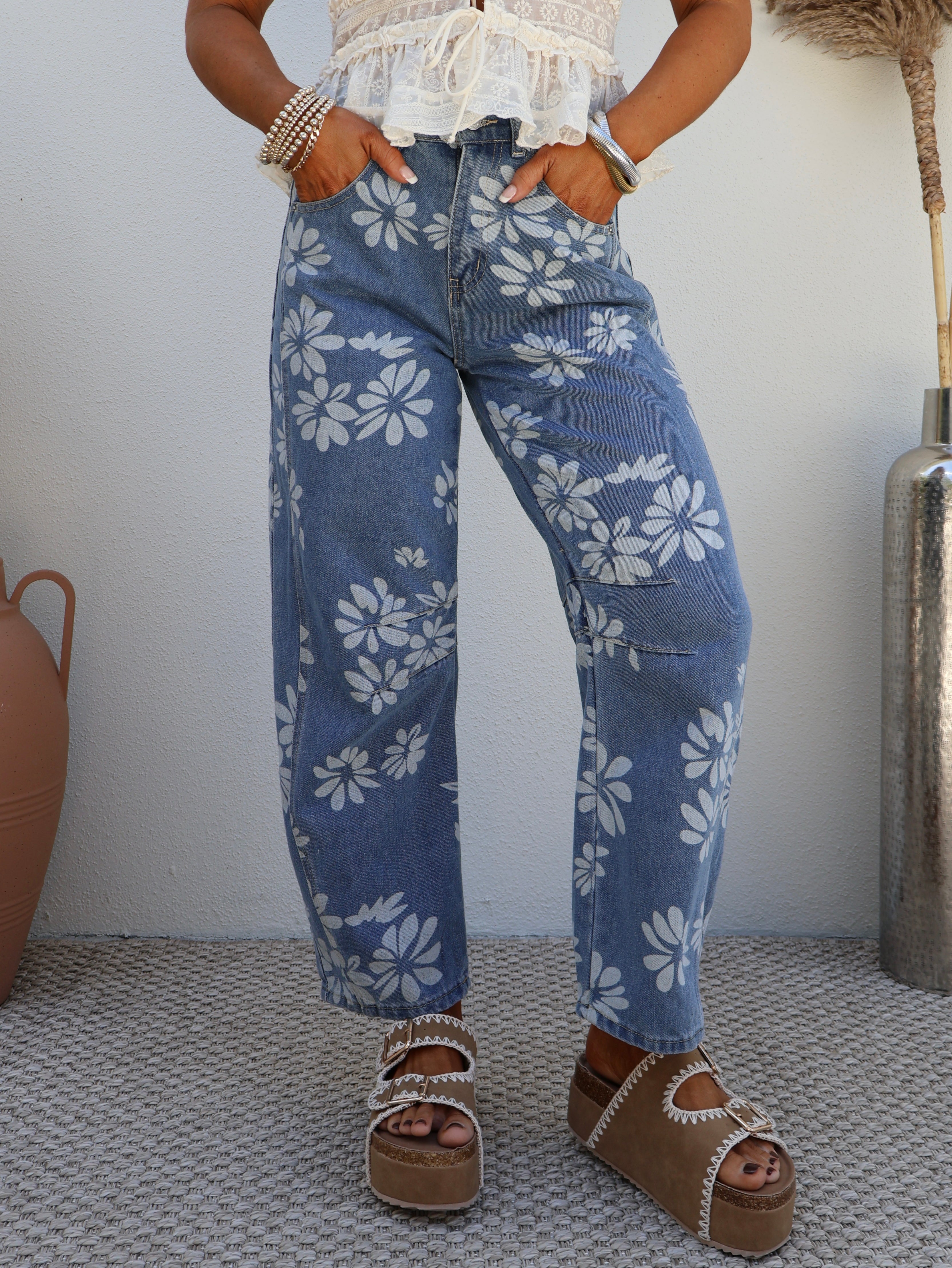 Garden Talks Floral Barrel Jeans