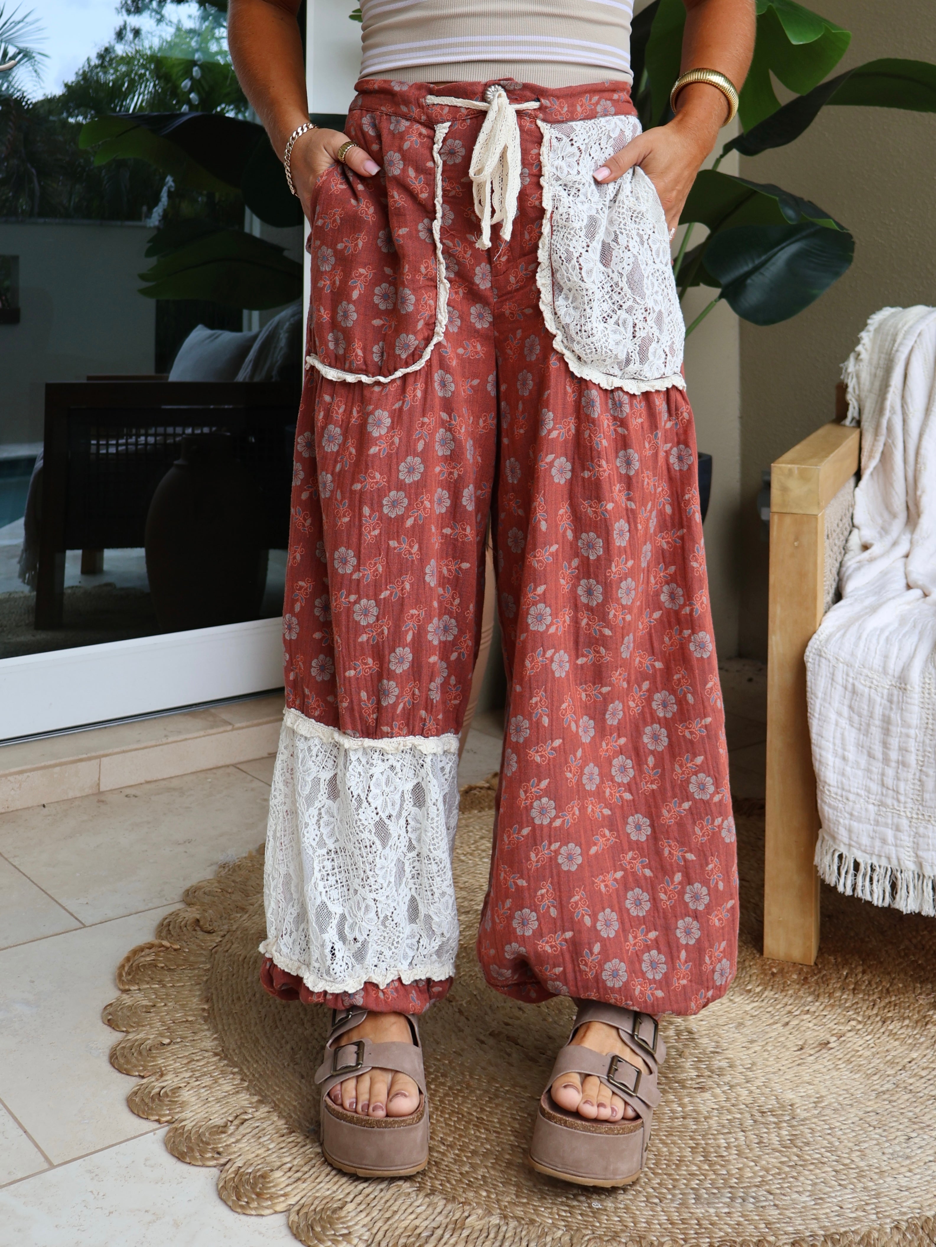 Roxanne Floral Boho Joggers Brick
