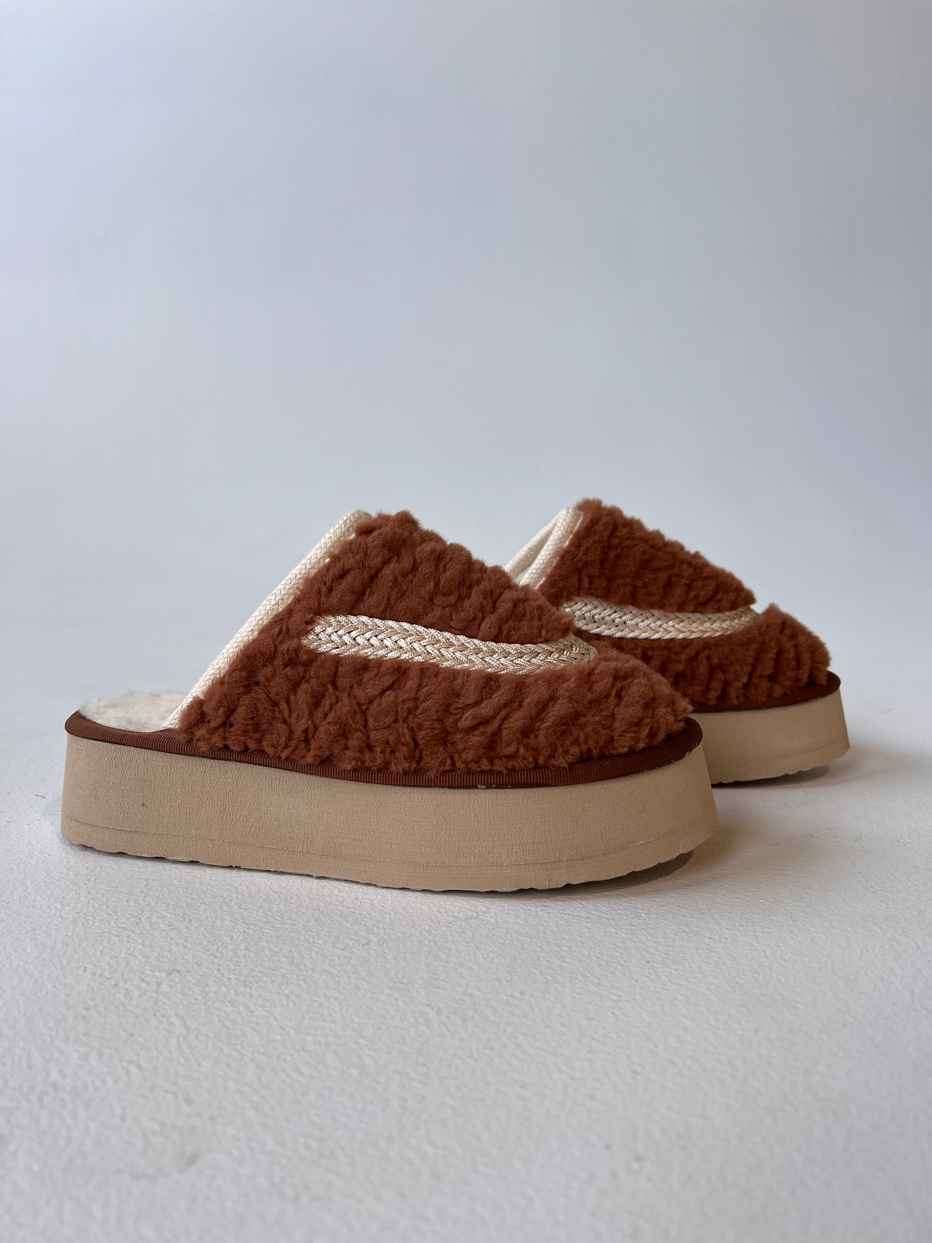 Teddie Platform Winter Slides Camel