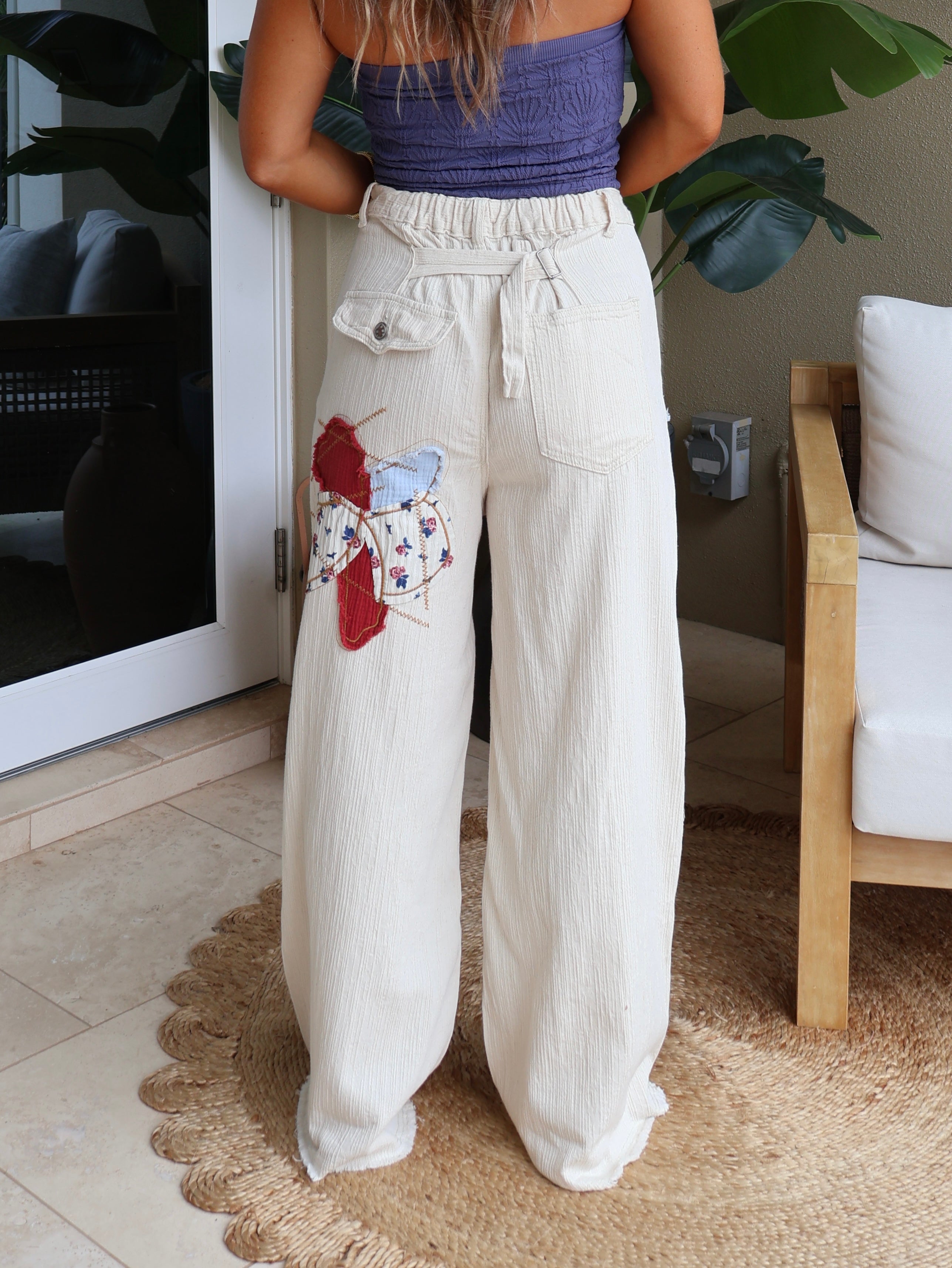 Old Glory Boho Flag Patchwork Pants Oatmeal