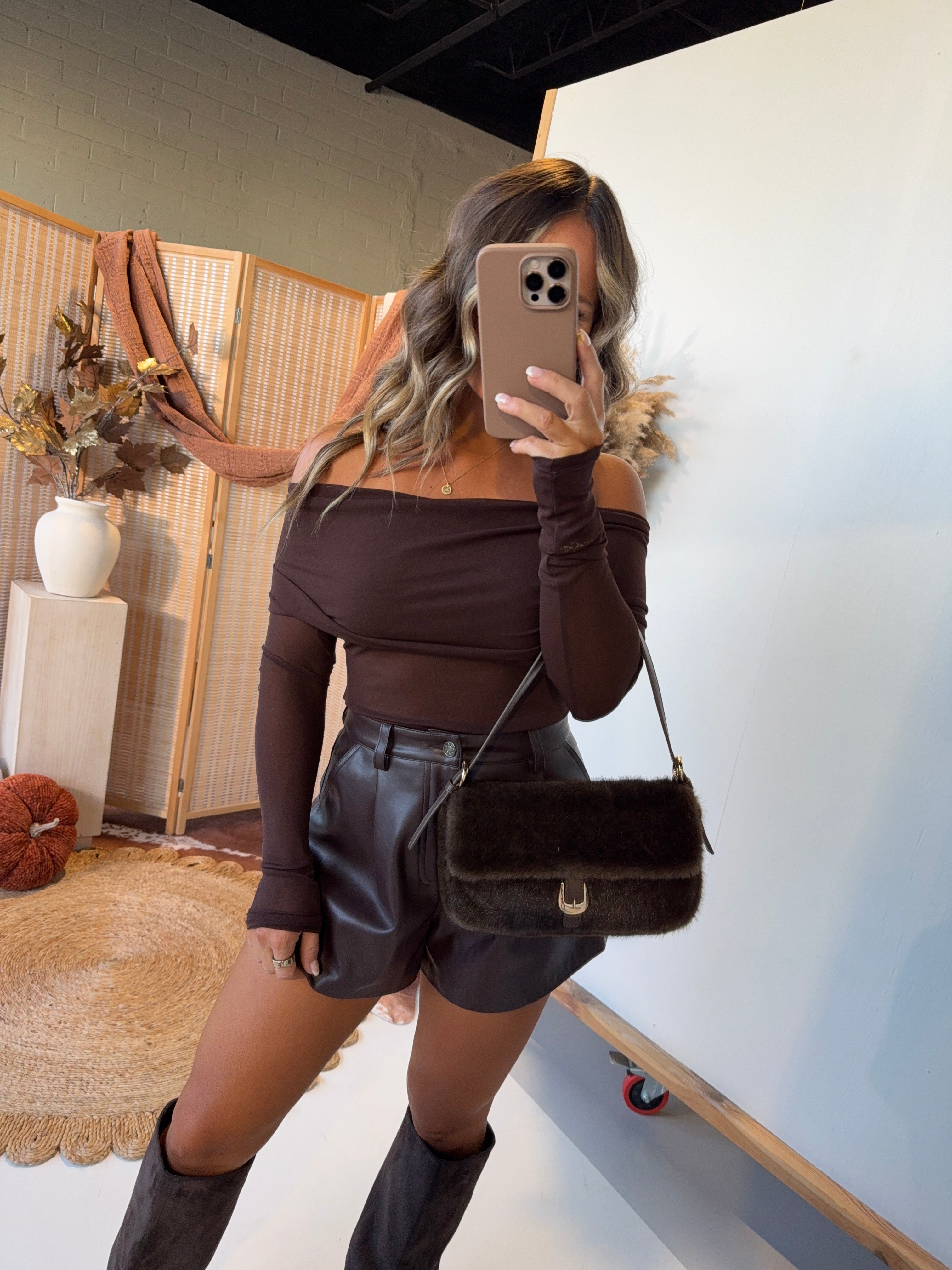 Fawn Leaf Off the Shoulder Top Brown