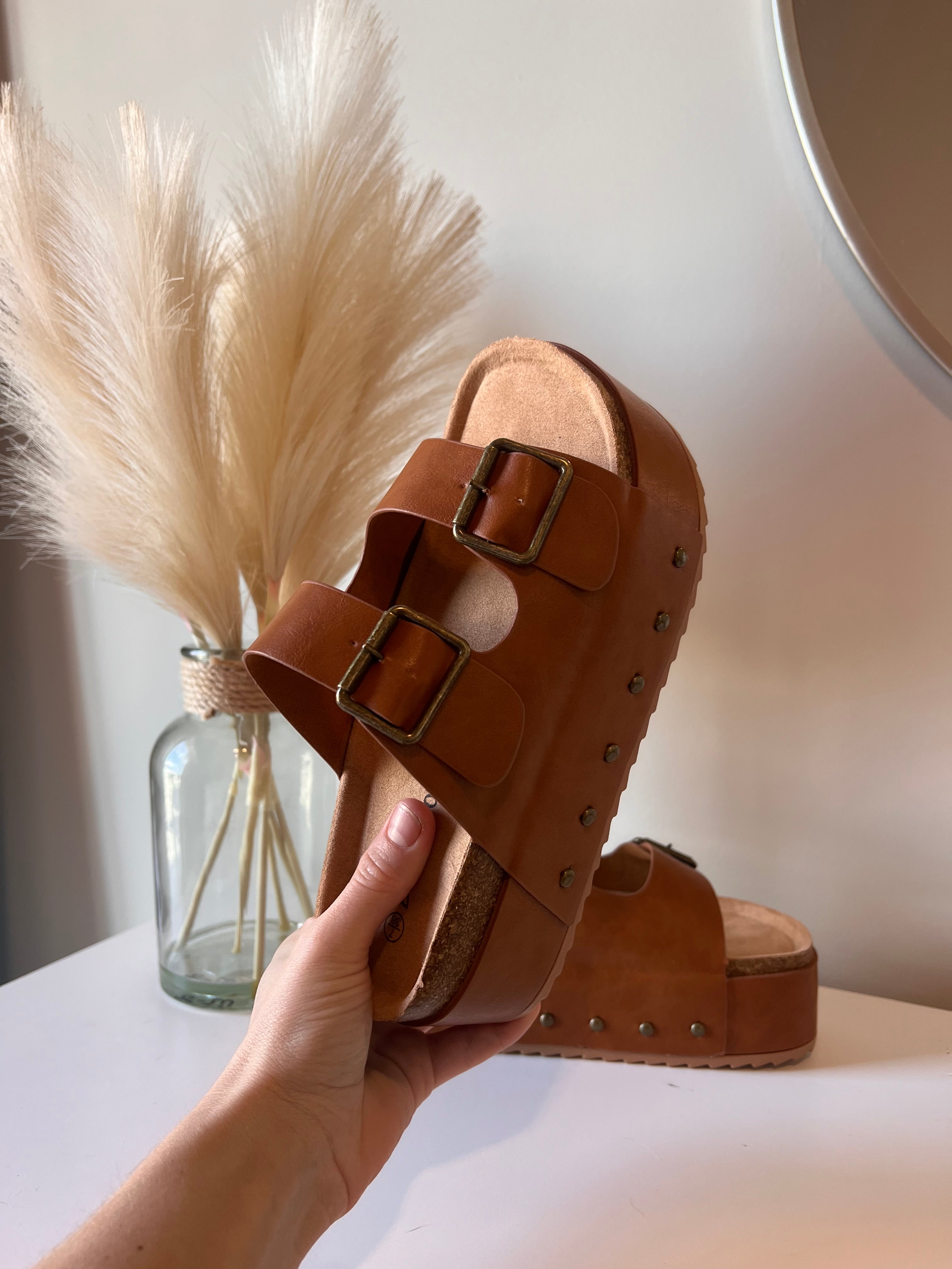 Blowout Stacked Double Strap Slides Tan Pu
