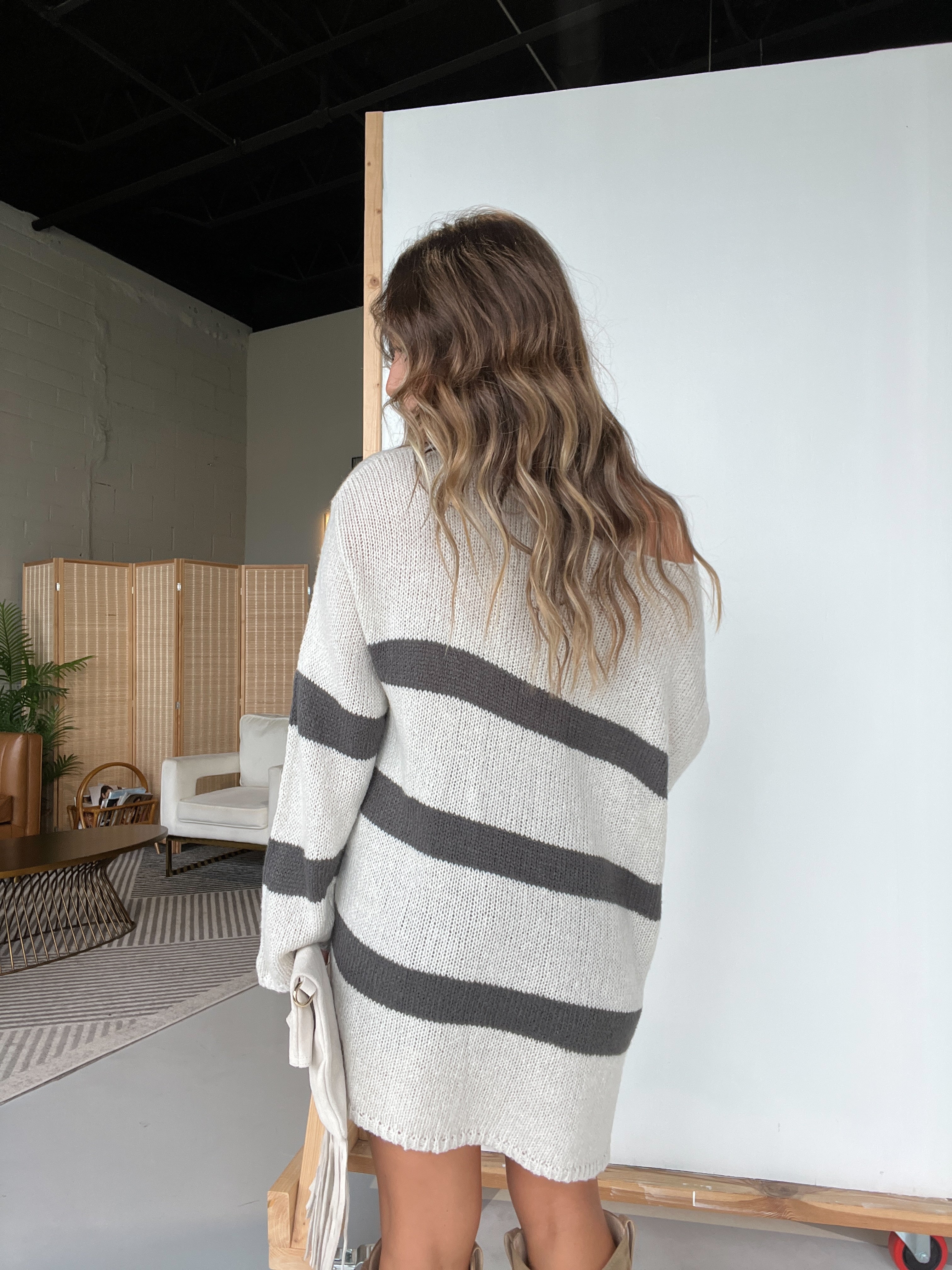 Whitney Striped Tunic Sweater Light Grey