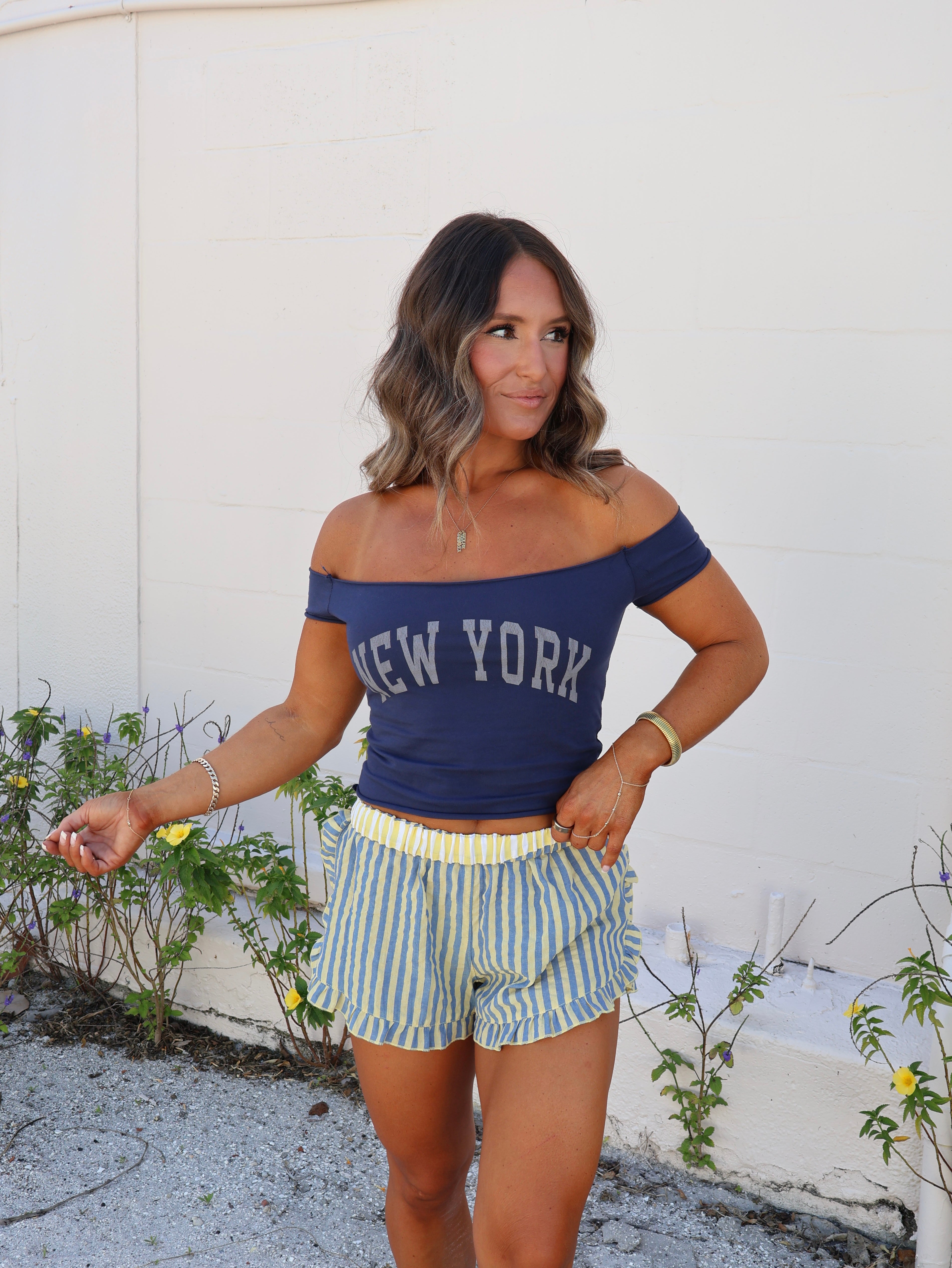NY NY Off Shoulder Baby Tee Navy