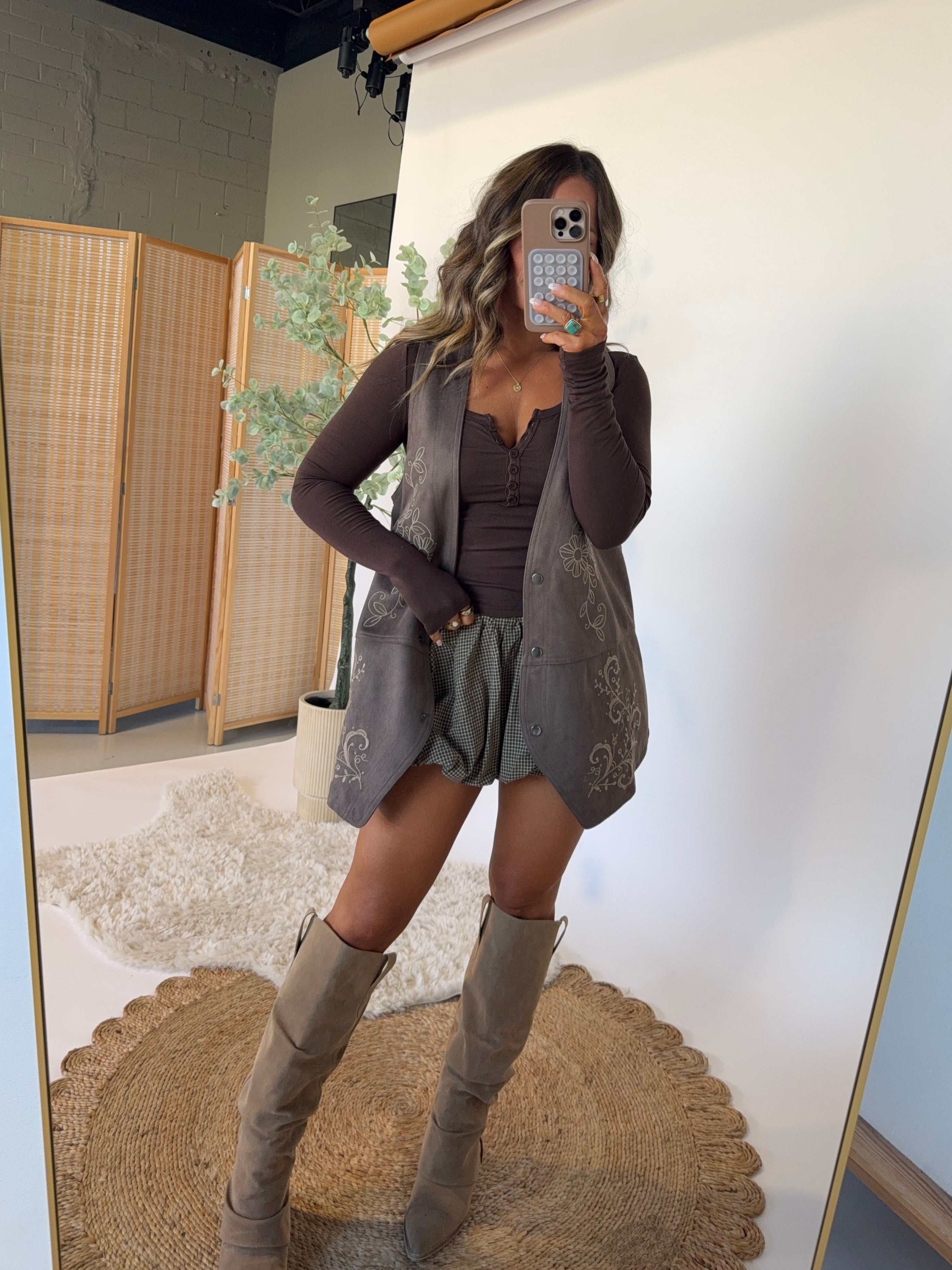 Canopy Drift Gingham Skort Brown