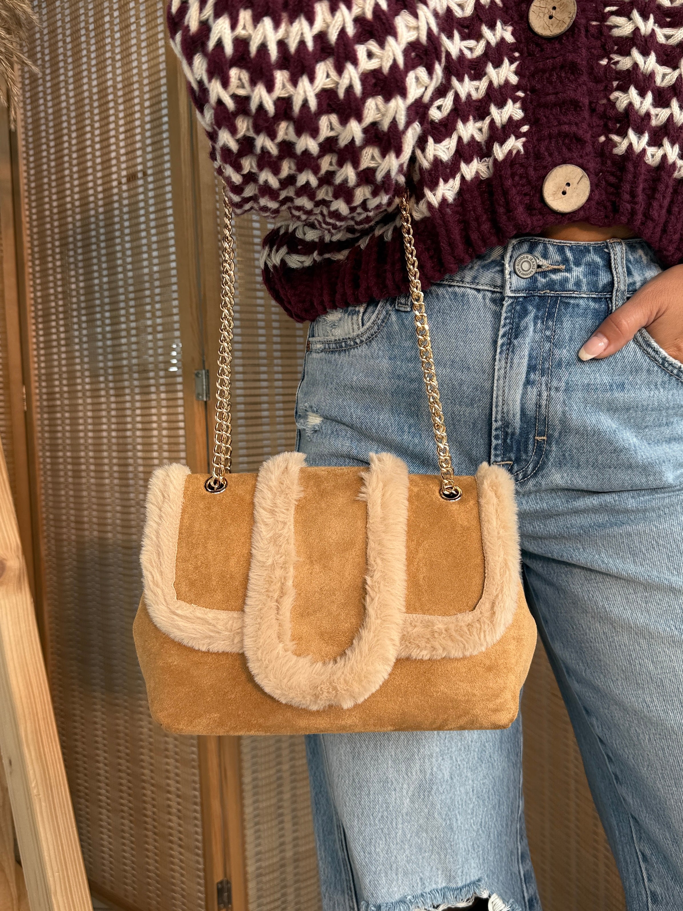 Tori Faux Fur Shoulder Bag Light Tan
